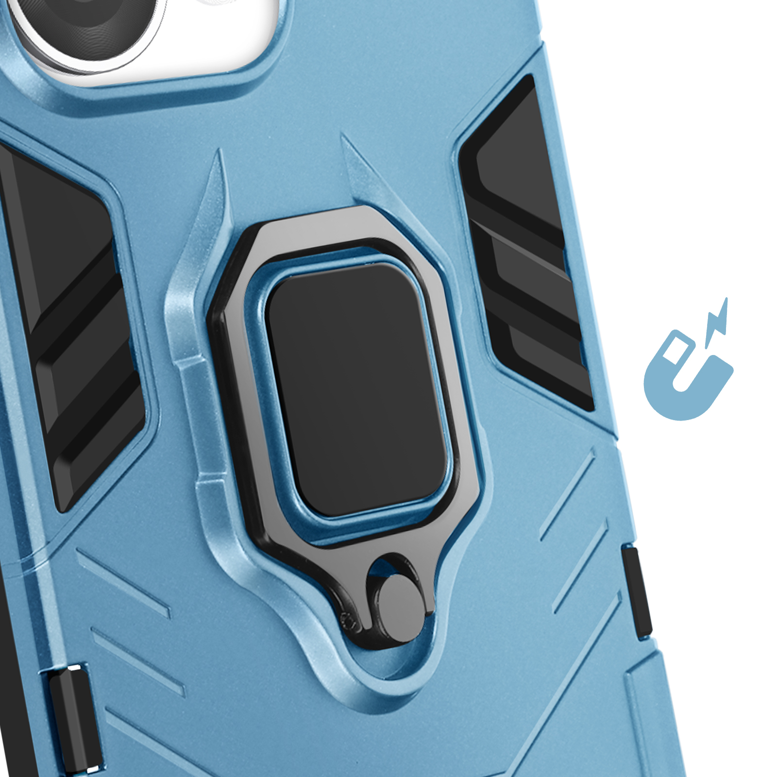 Custodia blu per telefono con dettagli neri e un supporto ad anello. È visibile anche un simbolo magnetico.