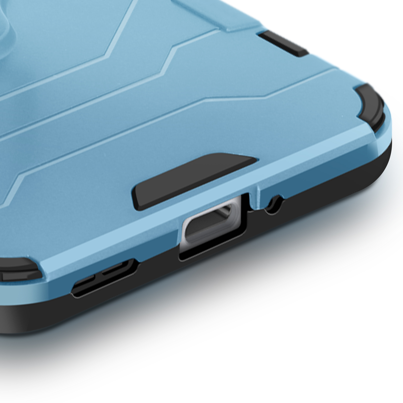 Primo piano di una custodia per telefono blu e nera con una porta USB.