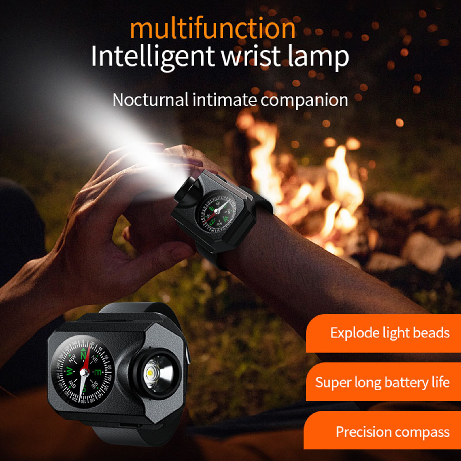 Armbandlampe mit Kompass. Nachtszene mit Feuer im Hintergrund.