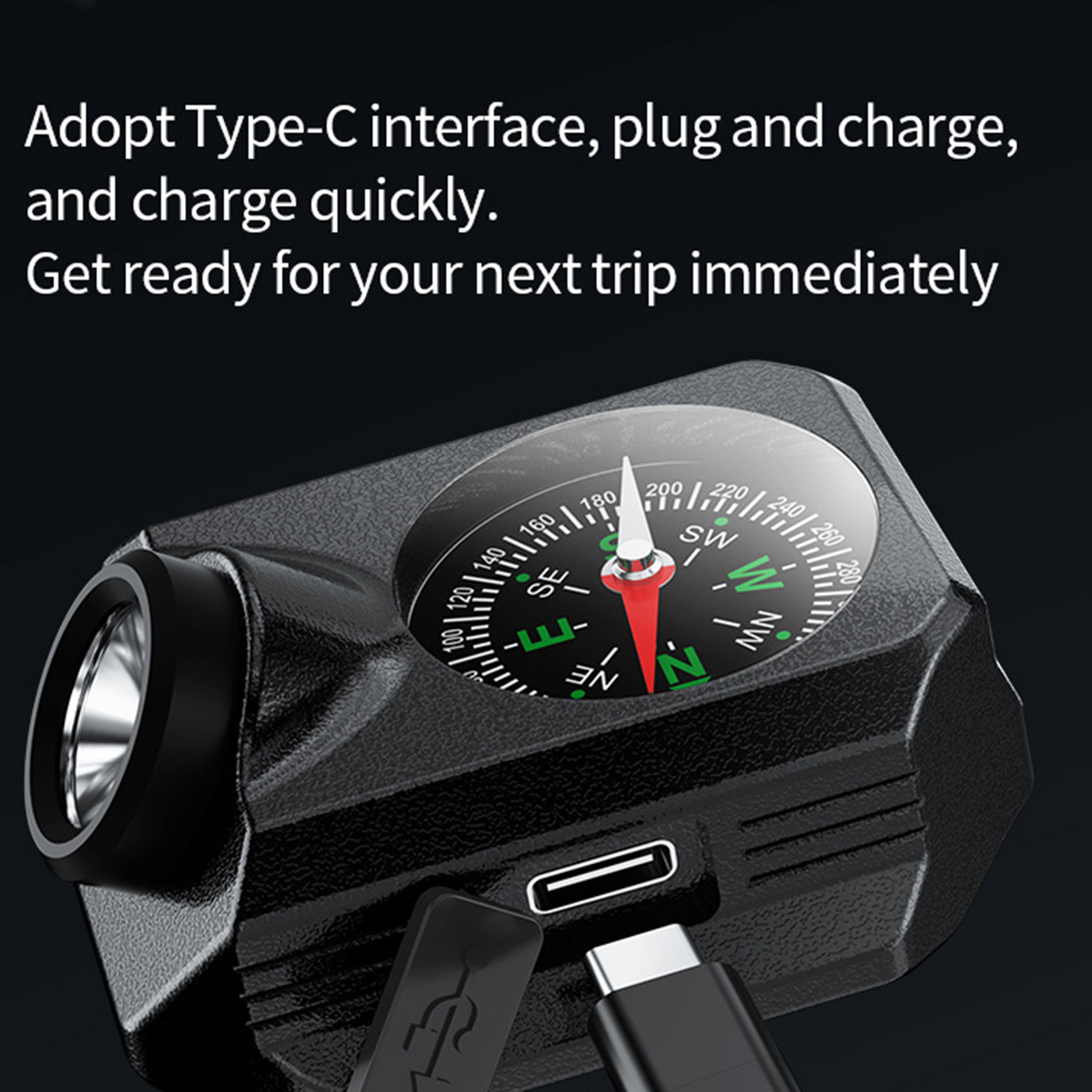 Ein schwarzer Kompass mit einer Taschenlampe und einem Ladeanschluss. Text: Adopt Type-C interface, plug and charge, and charge quickly.