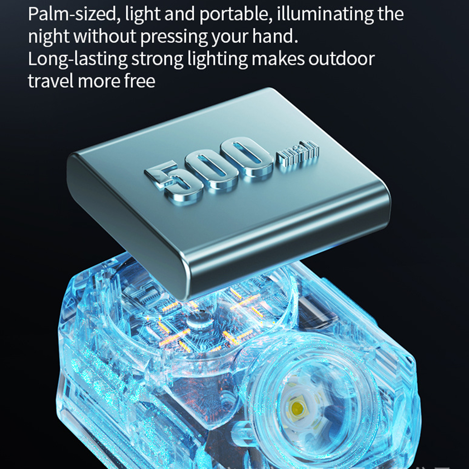 Blaue und klare Taschenlampe mit Text oben, 500 mAh, auf schwarzem Hintergrund.