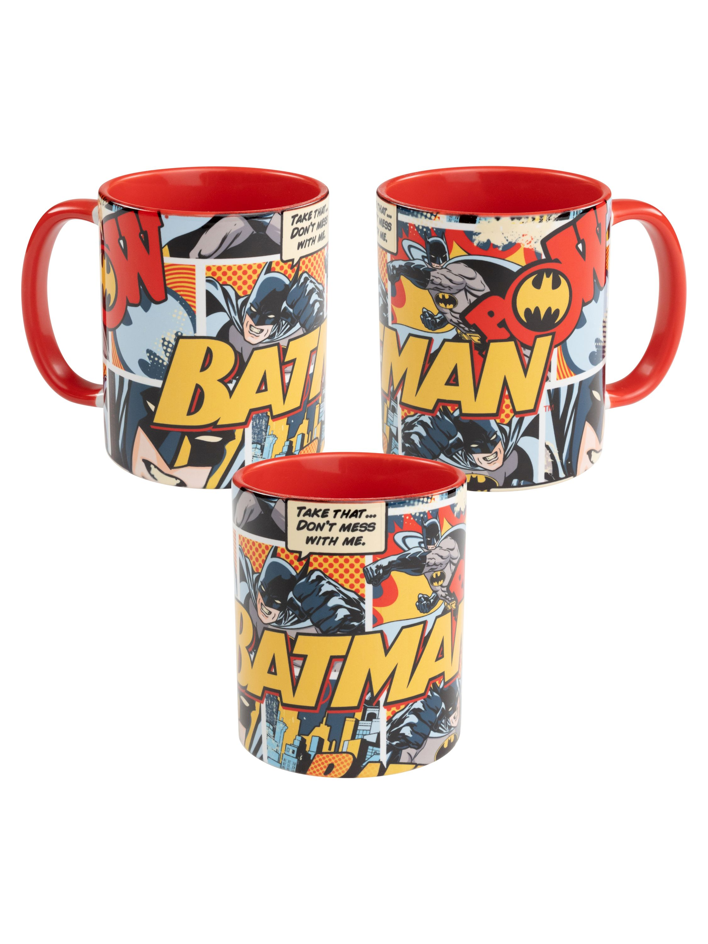 Drei Batman-Tassen mit Comic-Kunst. Jede Tasse hat ein rotes Innenleben.
