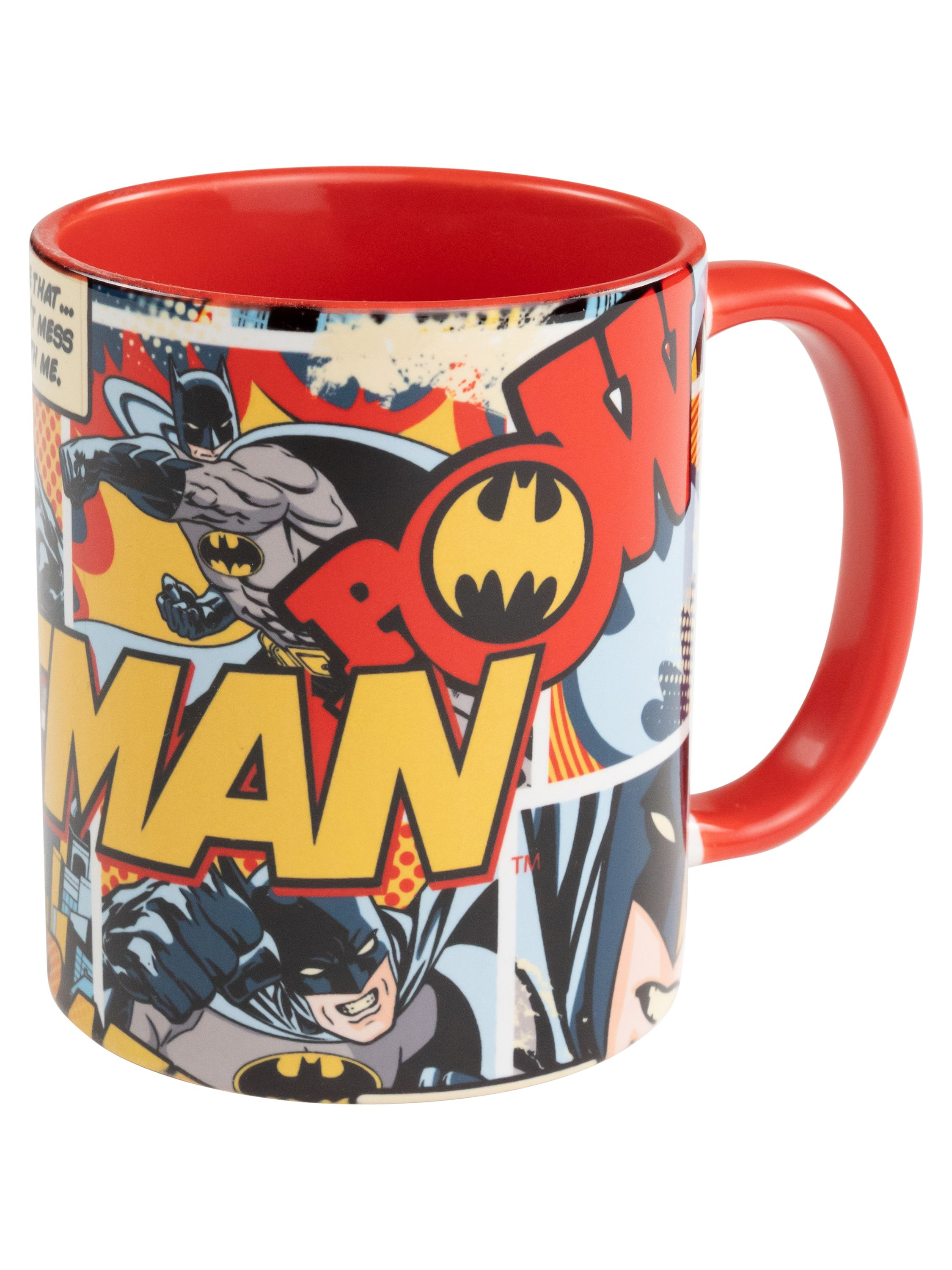Batman-Comic-Tasse mit roter Innenseite und Henkel, zeigt Comic-Kunst.