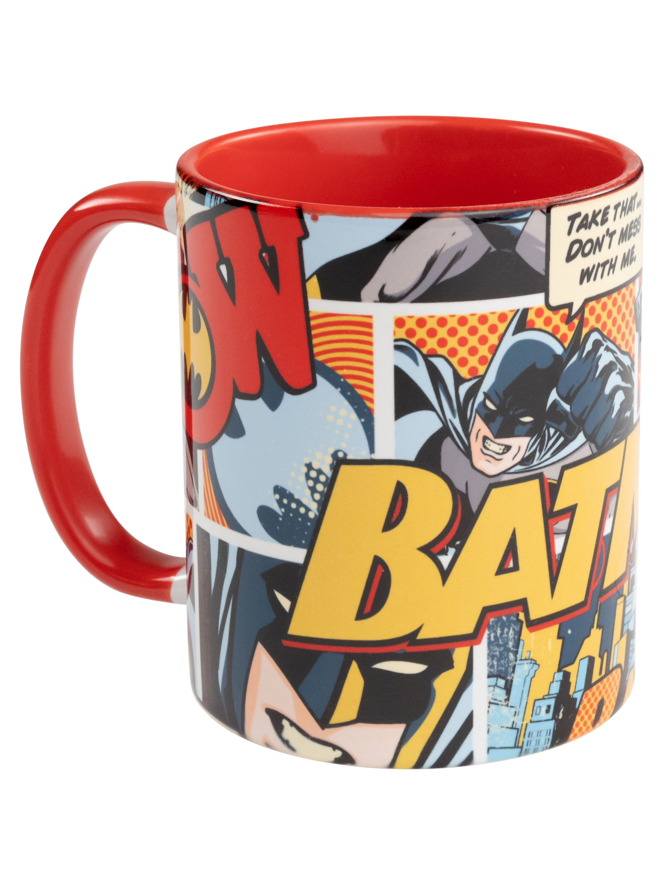 Batman-Comic-Tasse mit rotem Griff und Innenraum. Die Tasse hat Batman-Comic-Panels.