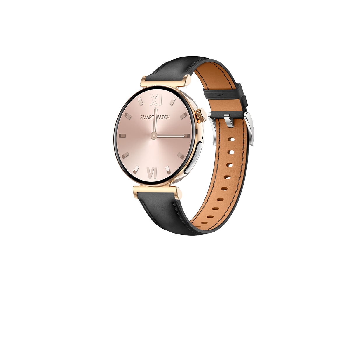 Smartwatch mit roségoldenem Zifferblatt, schwarzem Lederarmband und goldenen Akzenten, auf schwarzem Hintergrund.