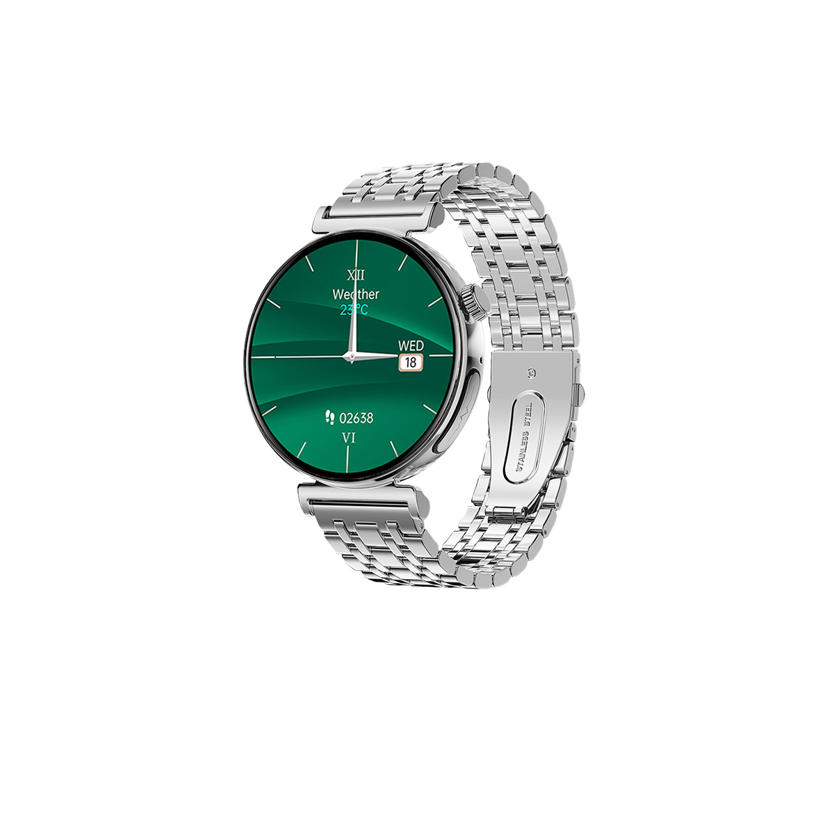 Silberne Smartwatch mit grünem Display, das Zeit und Wetter anzeigt. Die Uhr hat ein Metallarmband.