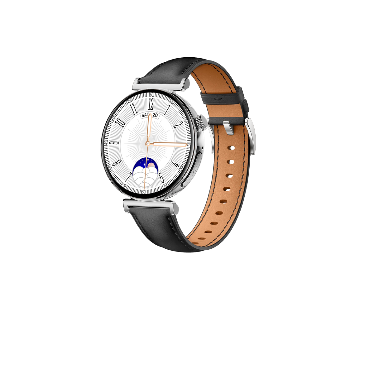 Silberne Smartwatch mit schwarzem Lederarmband. Weißes Zifferblatt mit Goldakzenten.