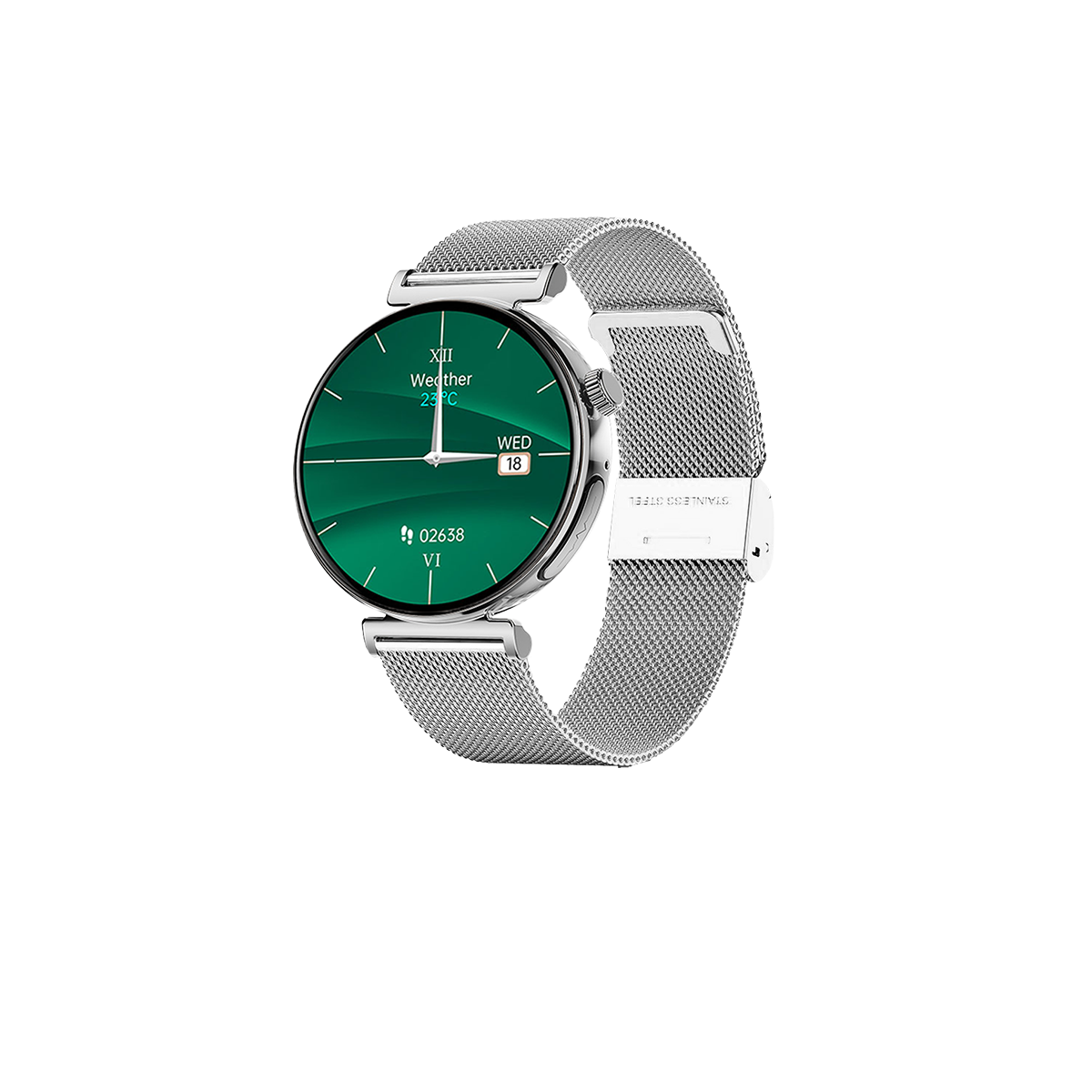 Eine silberne Smartwatch mit grünem Bildschirm, der Zeit und Wetter anzeigt, und silbernem Armband.
