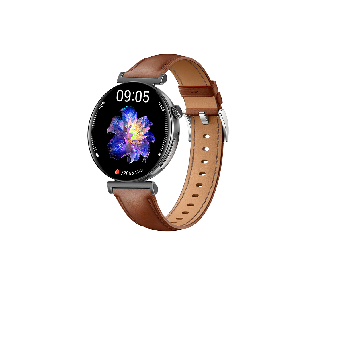 Smartwatch mit braunem Lederband, schwarzem Bildschirm mit Uhrzeit und Schritten.