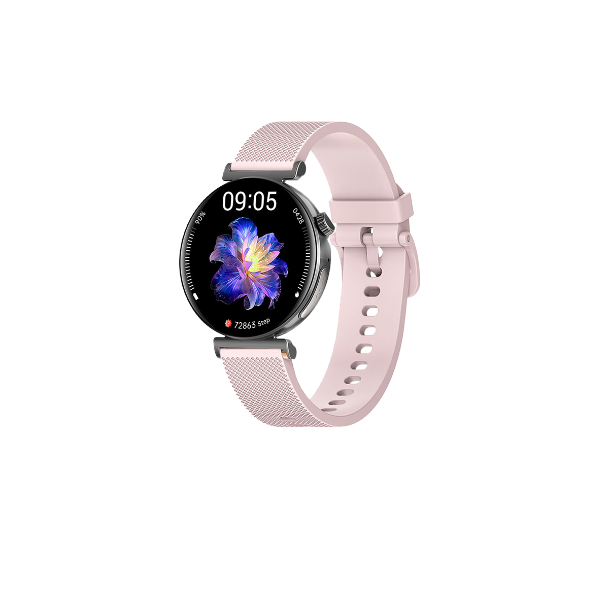 Eine rosa Smartwatch mit hellrosa Armband, die ein Blumendesign zeigt.