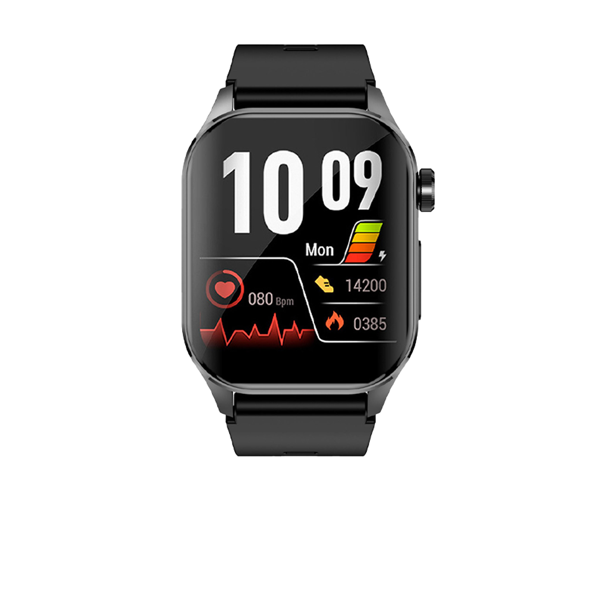 Schwarze Smartwatch mit quadratischem Display. Sie zeigt Zeit, Akku, Herzfrequenz und Schritte an.