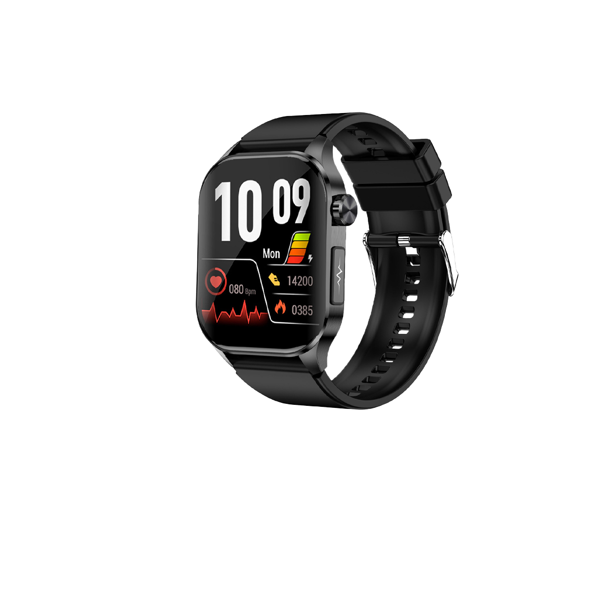 Schwarze Smartwatch mit digitaler Anzeige von Zeit, Gesundheitsdaten und Akkulaufzeit auf schwarzem Hintergrund.