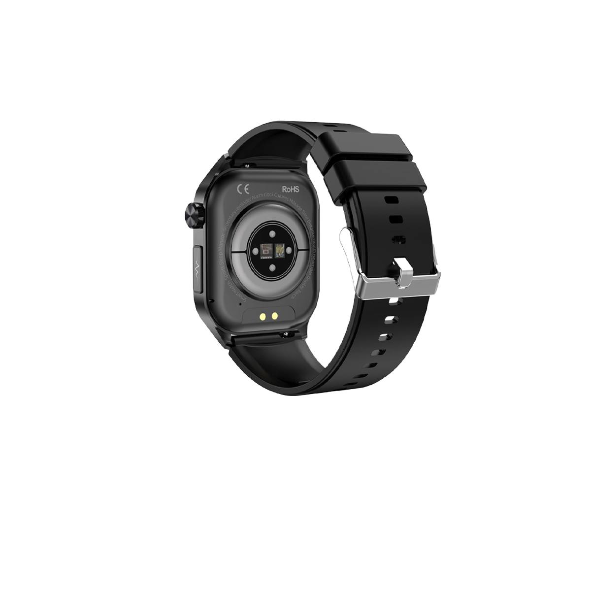 Eine schwarze Smartwatch mit schwarzem Armband. Die Rückseite der Uhr zeigt Sensoren und den Bandanschluss.