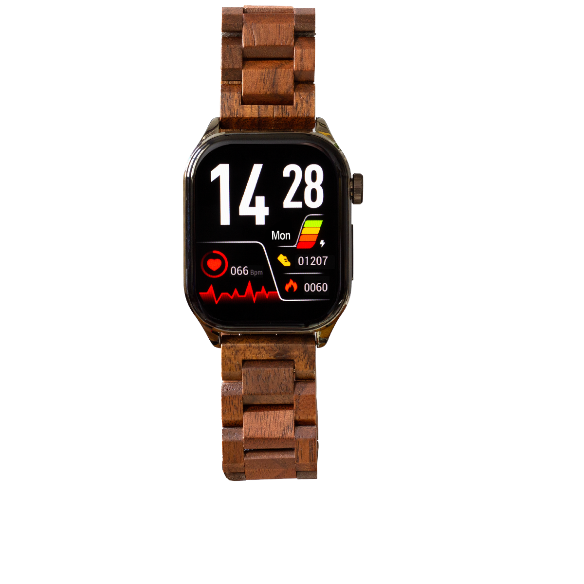 Smartwatch mit Holzarmband, das Zeit, Herzfrequenz und andere Gesundheitsmetriken anzeigt.