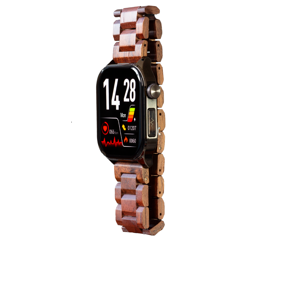 Smartwatch mit Holzarmband auf schwarzem Hintergrund, mit Anzeige von Zeit und Gesundheitsdaten auf dem Bildschirm.