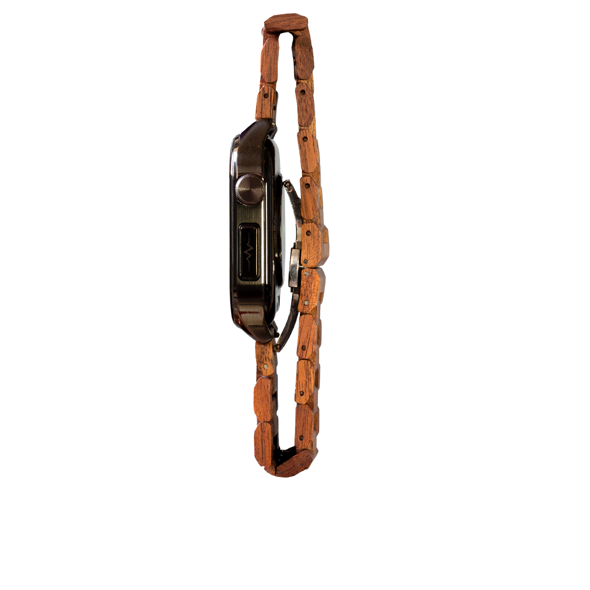 Seitenansicht einer Smartwatch mit Holzarmband, zeigt das Zifferblatt und das Holzarmband auf Schwarz.