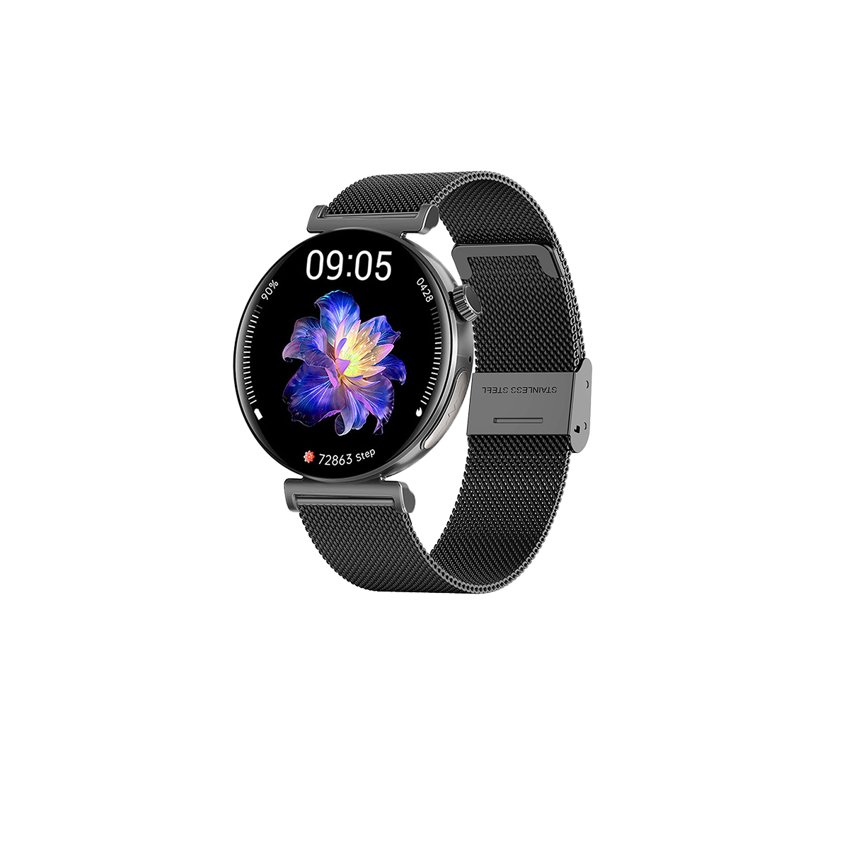Schwarze Smartwatch mit floraler Anzeige und schwarzem Mesh-Armband.