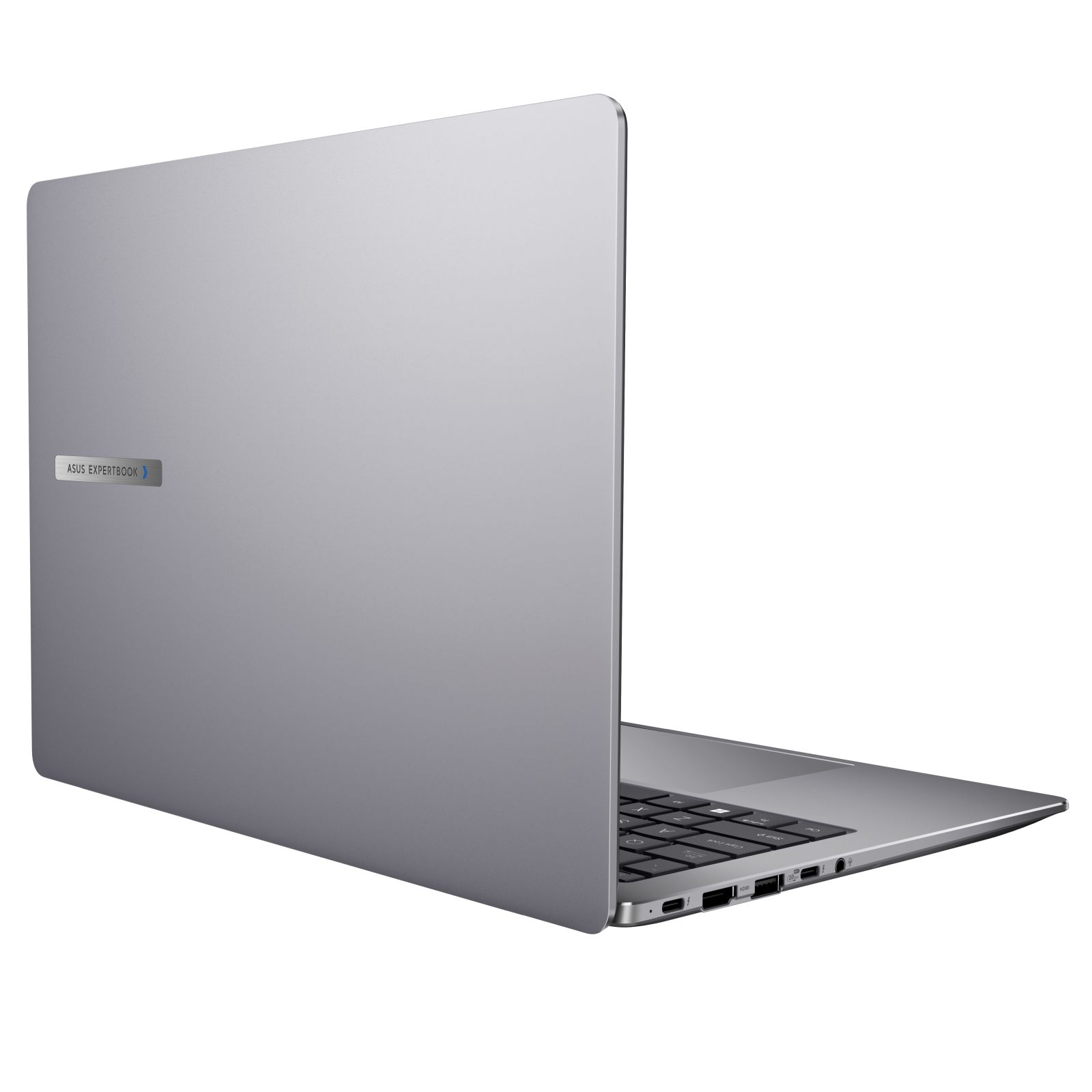 Srebrny laptop, widok z tyłu. Laptop jest na białej powierzchni. Logo ASUS EXPERTBOOK.