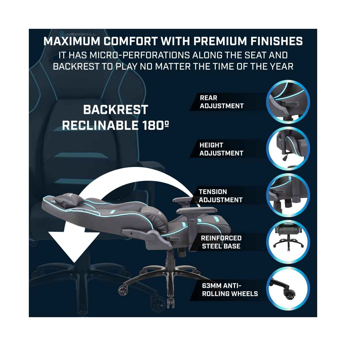 Ergonomischer Gaming-Stuhl. Weißer Pfeil, der Merkmale wie Rückenlehne, Höhen- und Spannungseinstellung anzeigt.