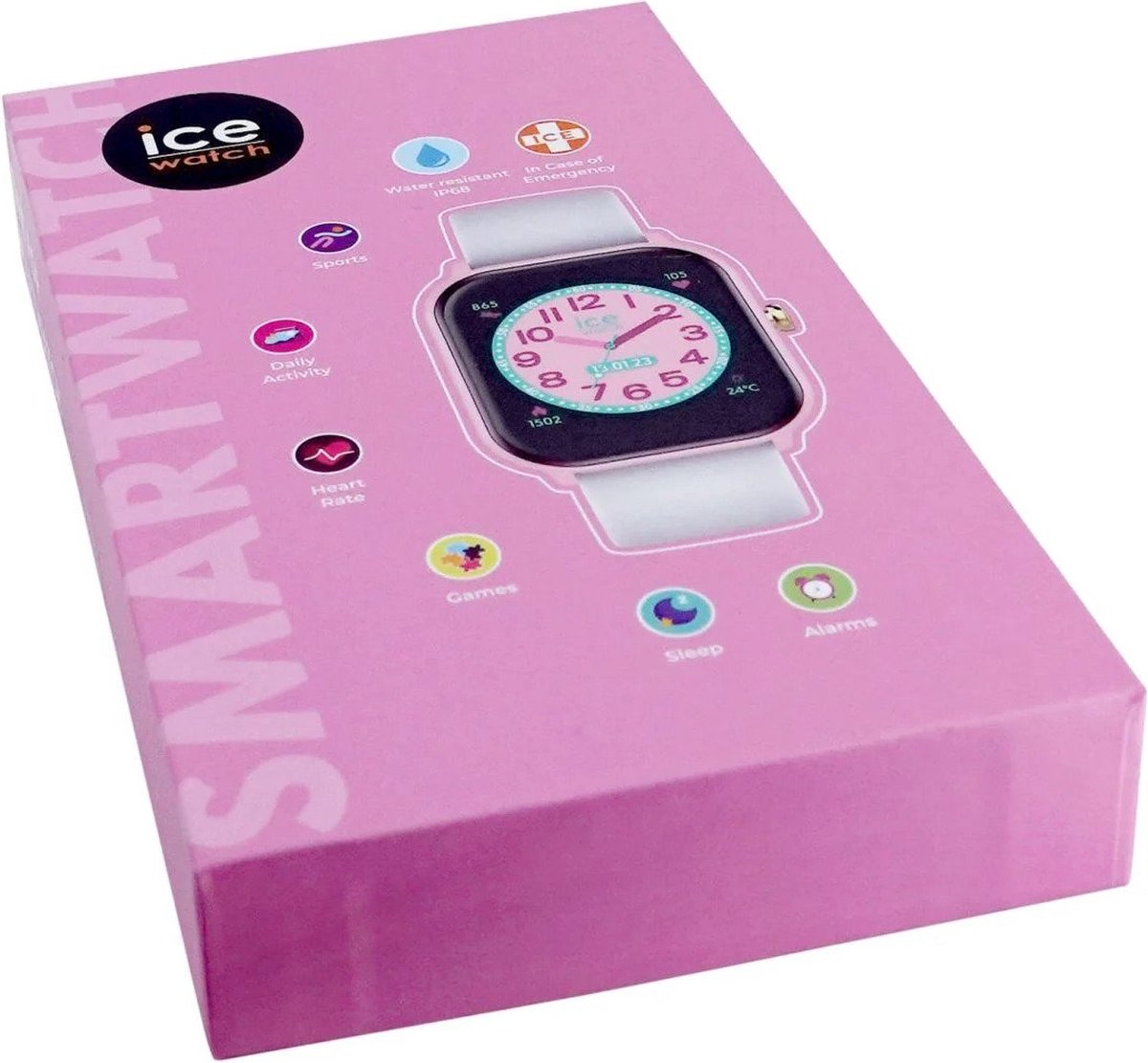 Pinke Smartwatch-Box mit Uhrenanzeige. Zeigt Zeit, Datum und Uhrenfunktionen.