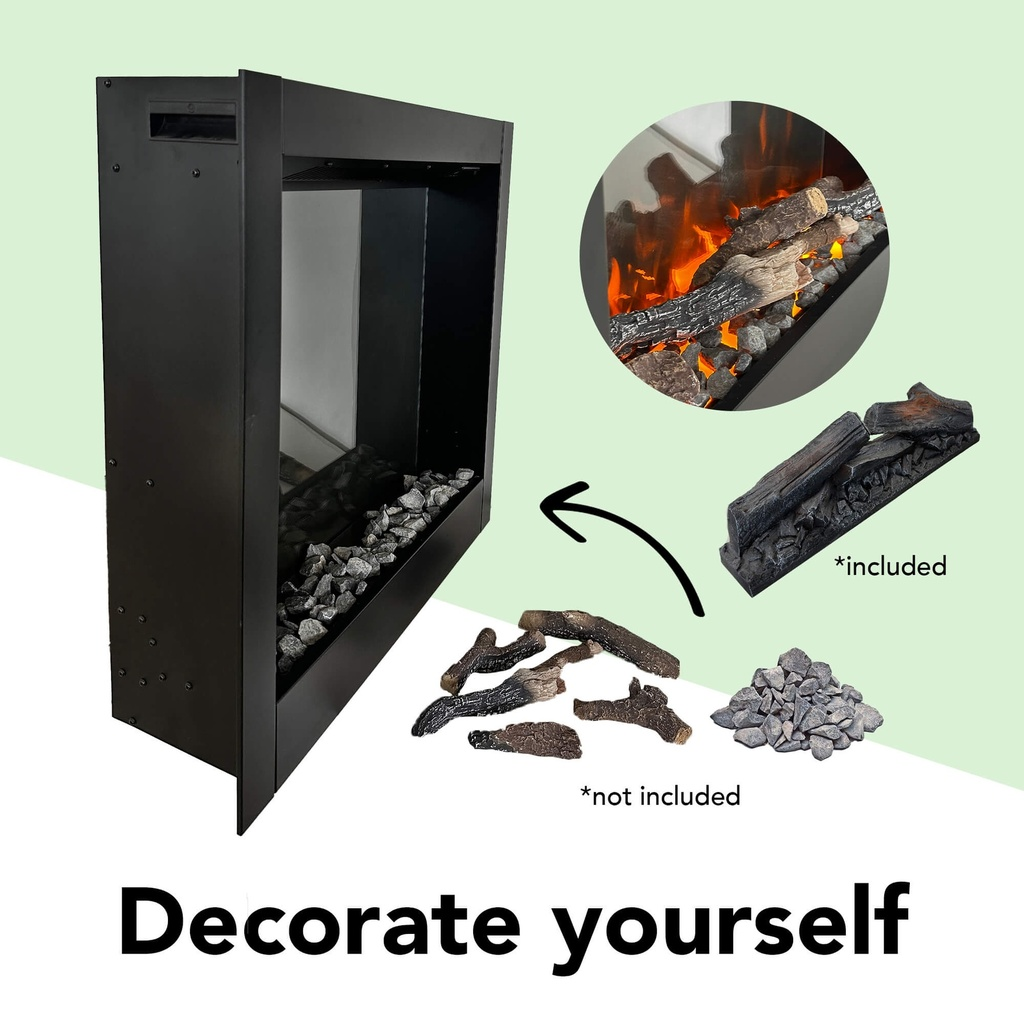 Zwarte open haard met inbegrepen houtblokken en stenen, plus extra houtblokken en stenen gemarkeerd als 'niet inbegrepen'. Decoratieve tekst: Decoreer jezelf.