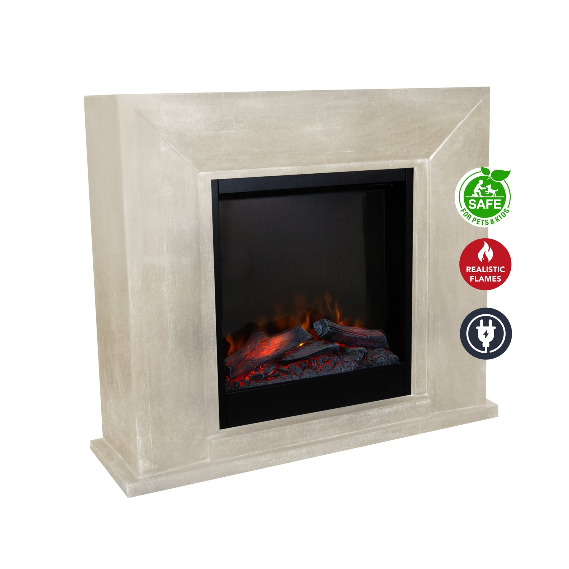 Elektrische haard met lichtbeige frame, zwarte vuurhaard en realistisch vlameffect met houtblokken.