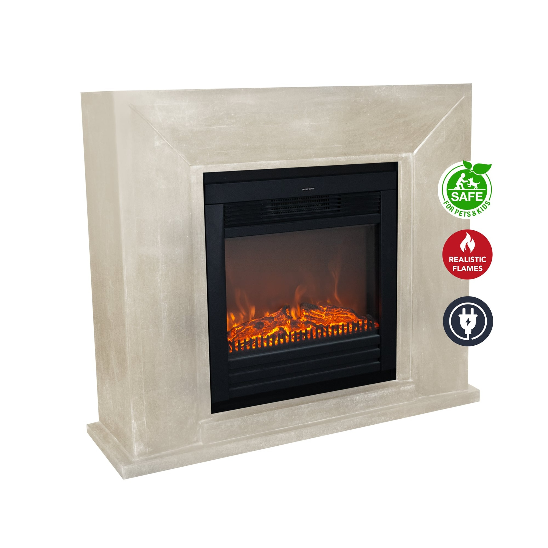 Open haard met een lichtbeige frame, zwart interieur en fel oranje vlammen. Pictogrammen geven veiligheid voor huisdieren en kinderen aan.
