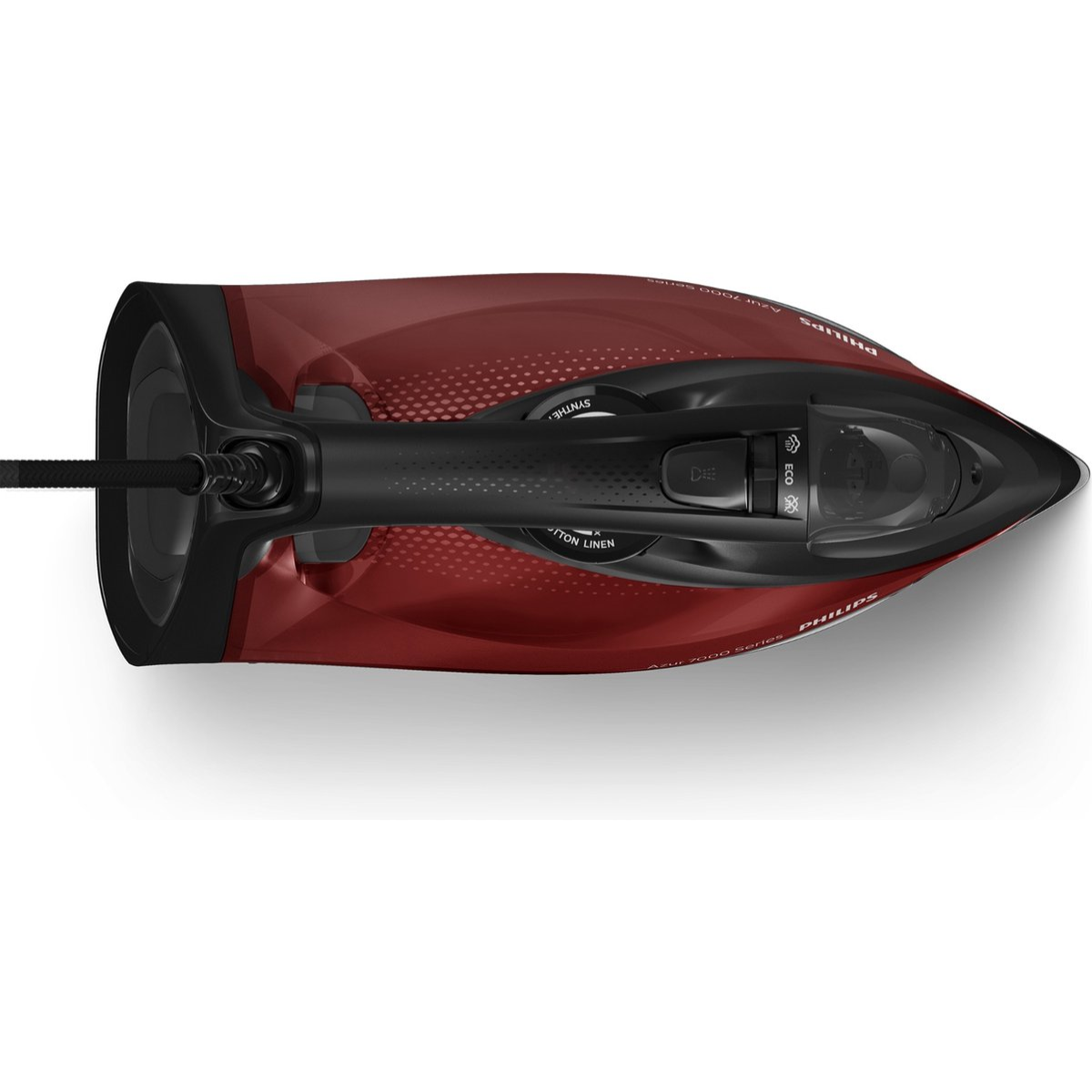 Czerwone i czarne żelazko, widok z góry. Jest na białym tle.