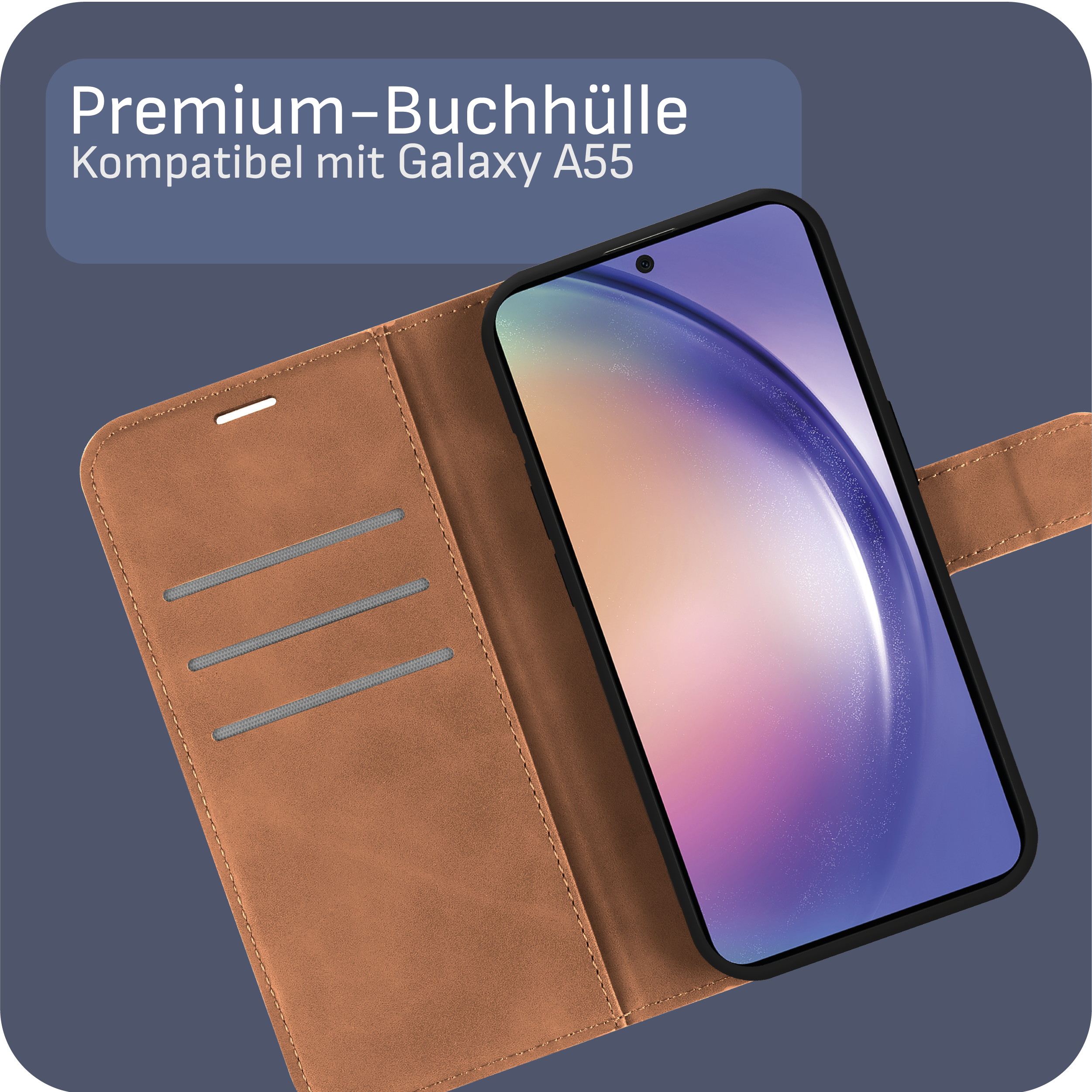 Braune Handyhülle mit Handy und Text 'Premium-Buchhülle'.