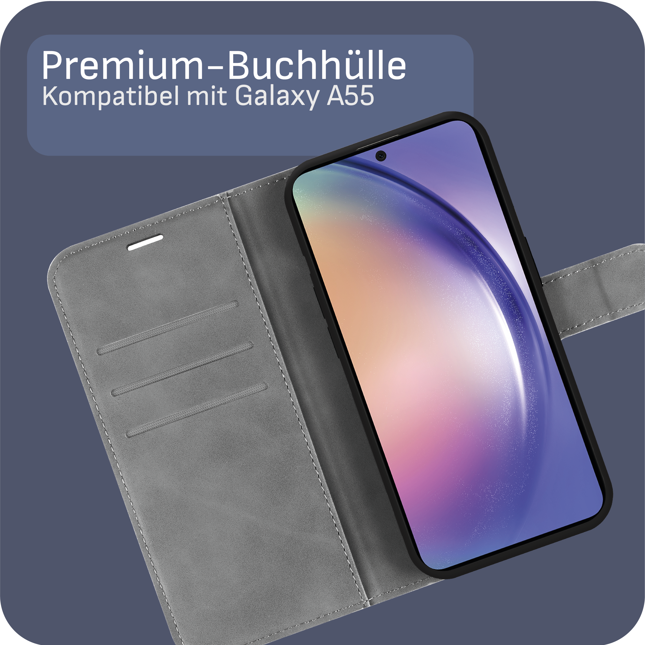Eine graue Handyhülle mit einem Galaxy A55 Telefon darin, auf einem lila Hintergrund.