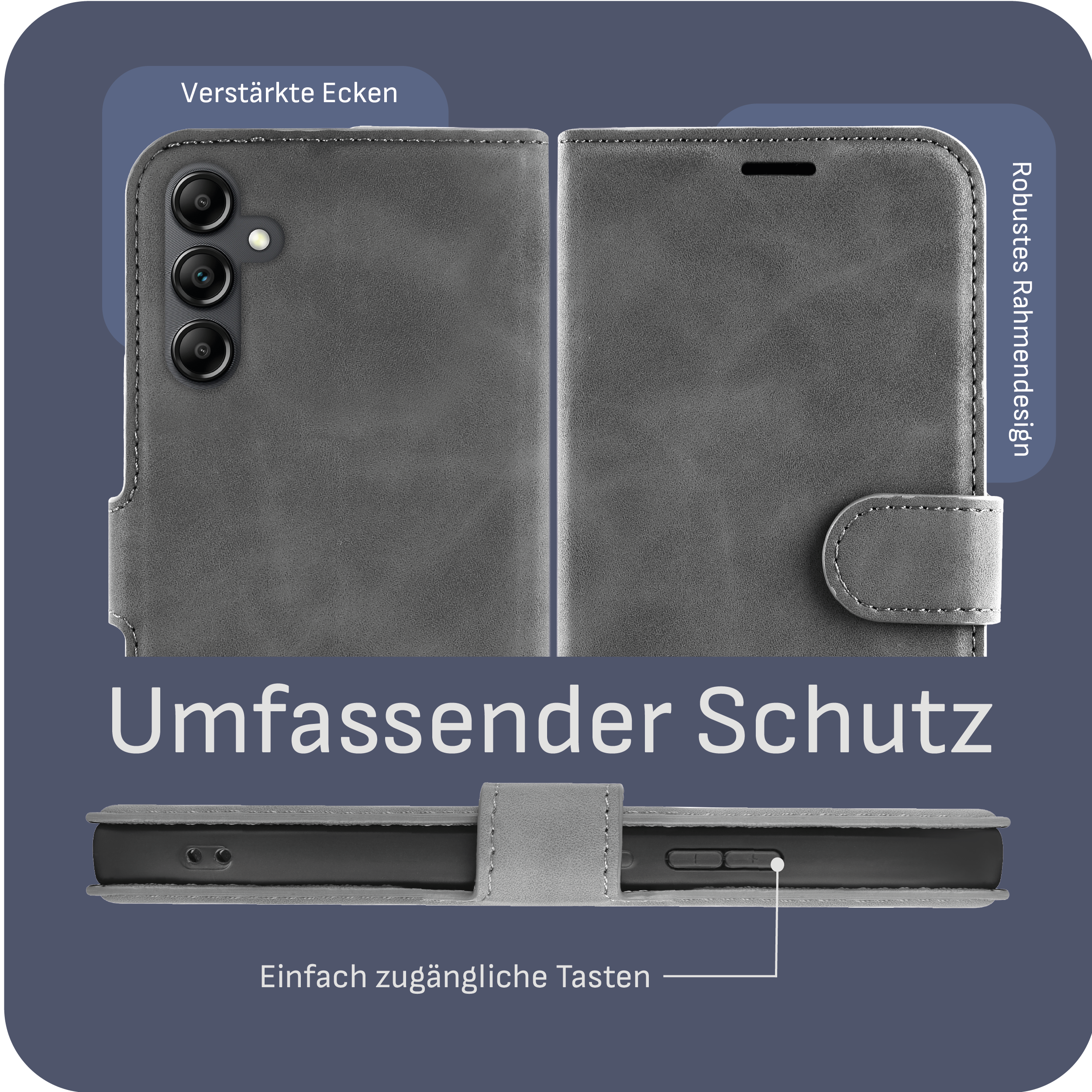 Graue Handyhülle, offen. Zeigt den Umriss des Telefons, Text und Knöpfe. Dunkler Hintergrund.