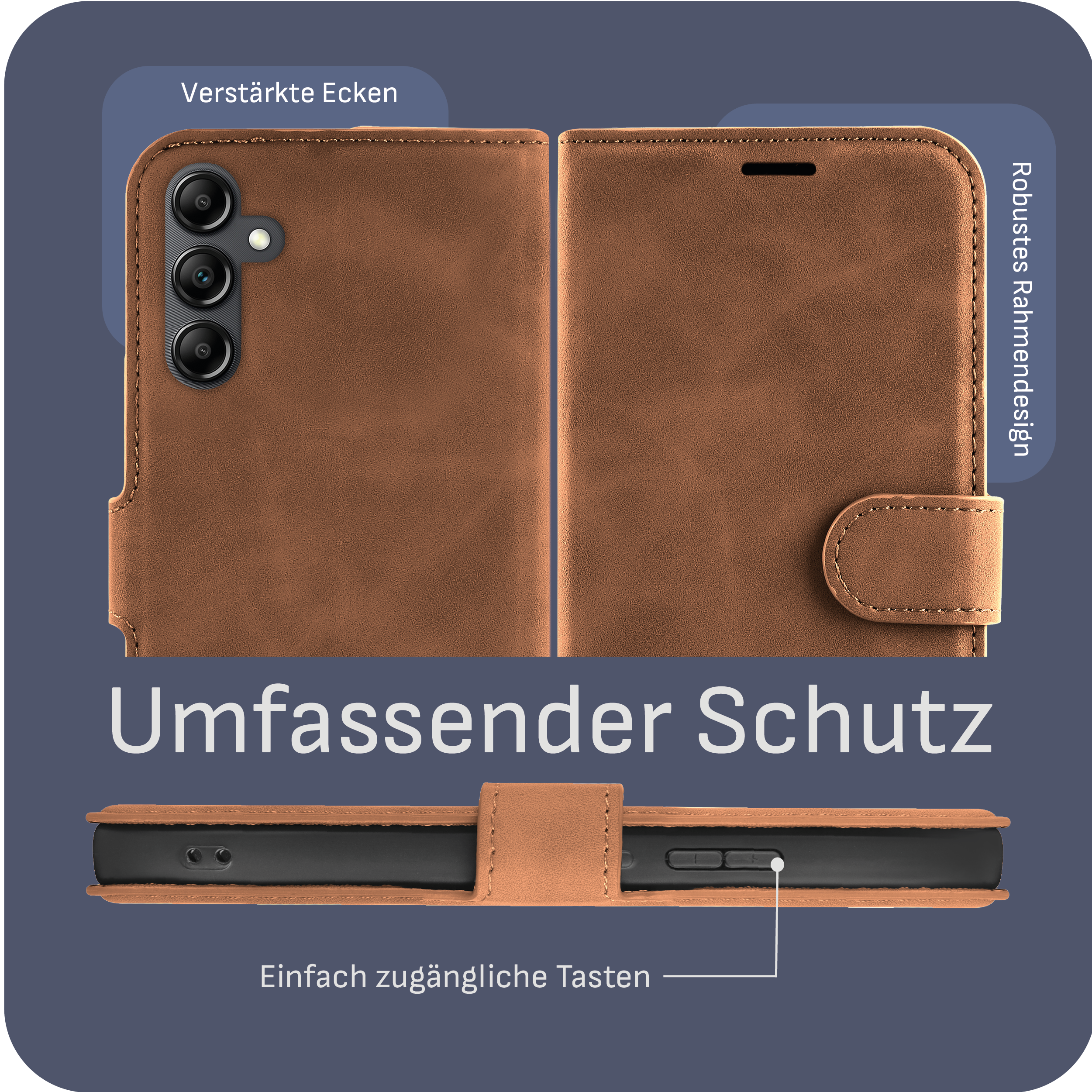 Braune Handyhülle, offen, Telefon innen. Merkmale: verstärkte Ecken, einfache Tasten.
