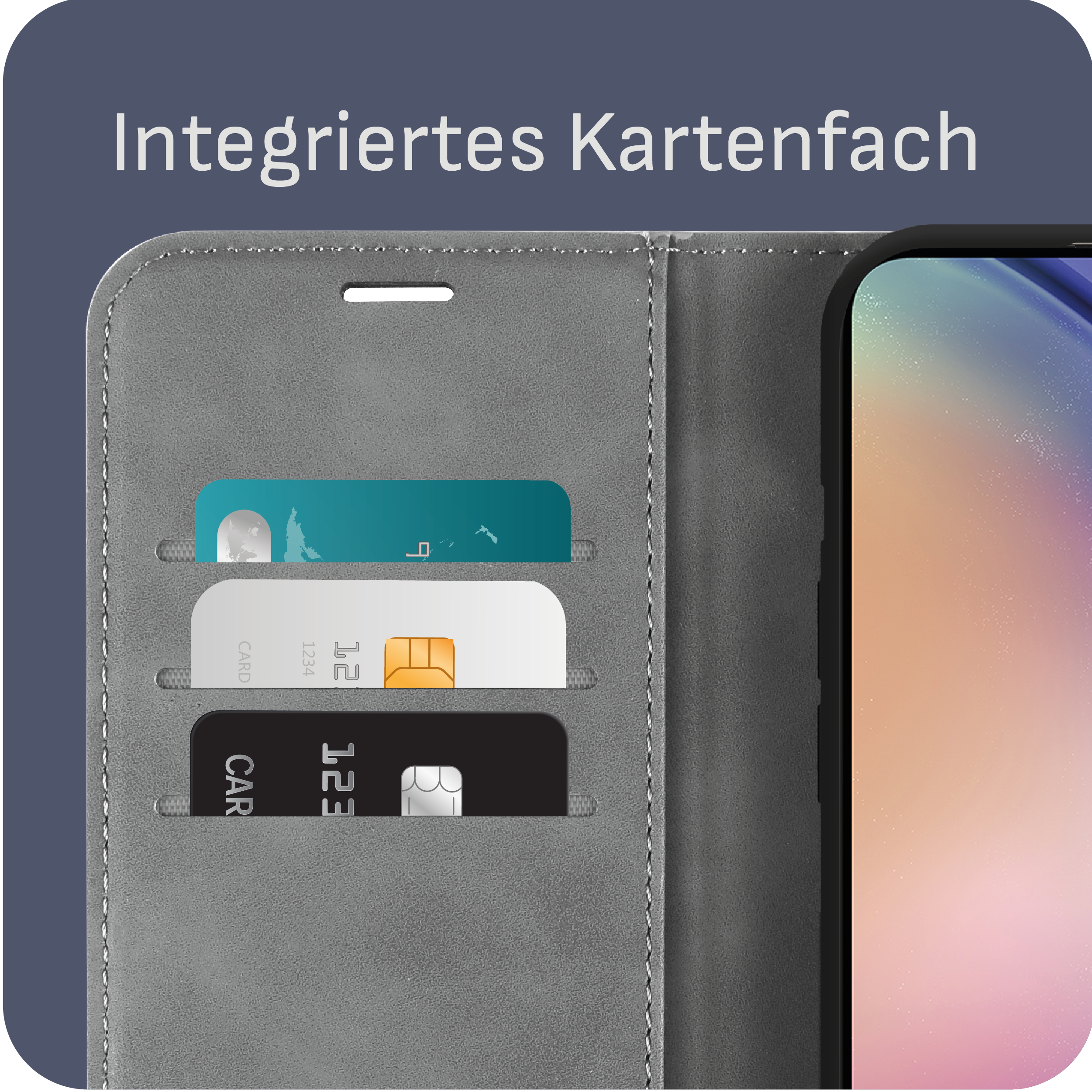 Nahaufnahme zeigt eine graue Handyhülle mit Kartenfächern. Drei Karten sind sichtbar. Text oben: 'Integriertes Kartenfach'.