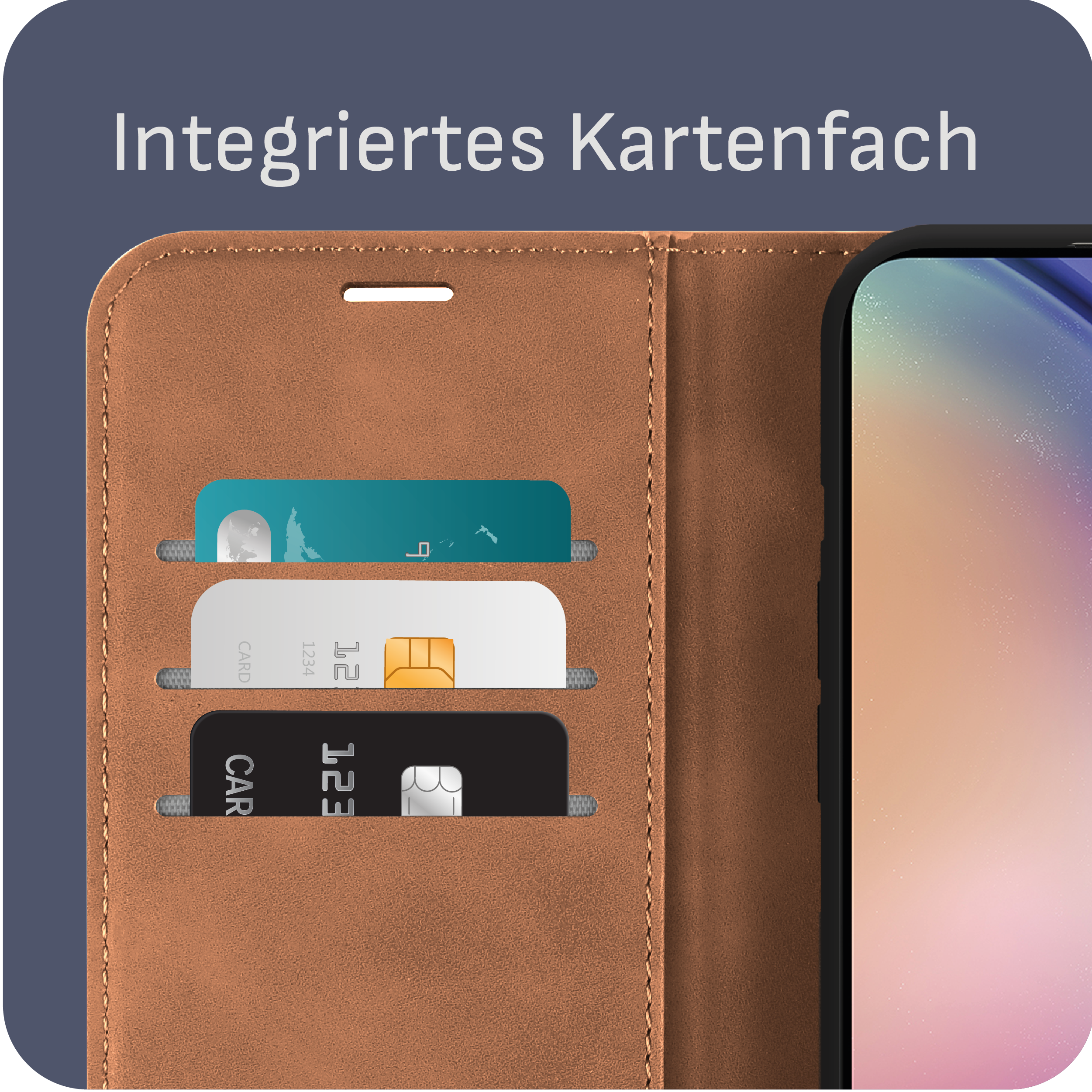 Leder-Handyhülle mit Kartenfächern, zeigt drei Karten. Text: Integriertes Kartenfach.