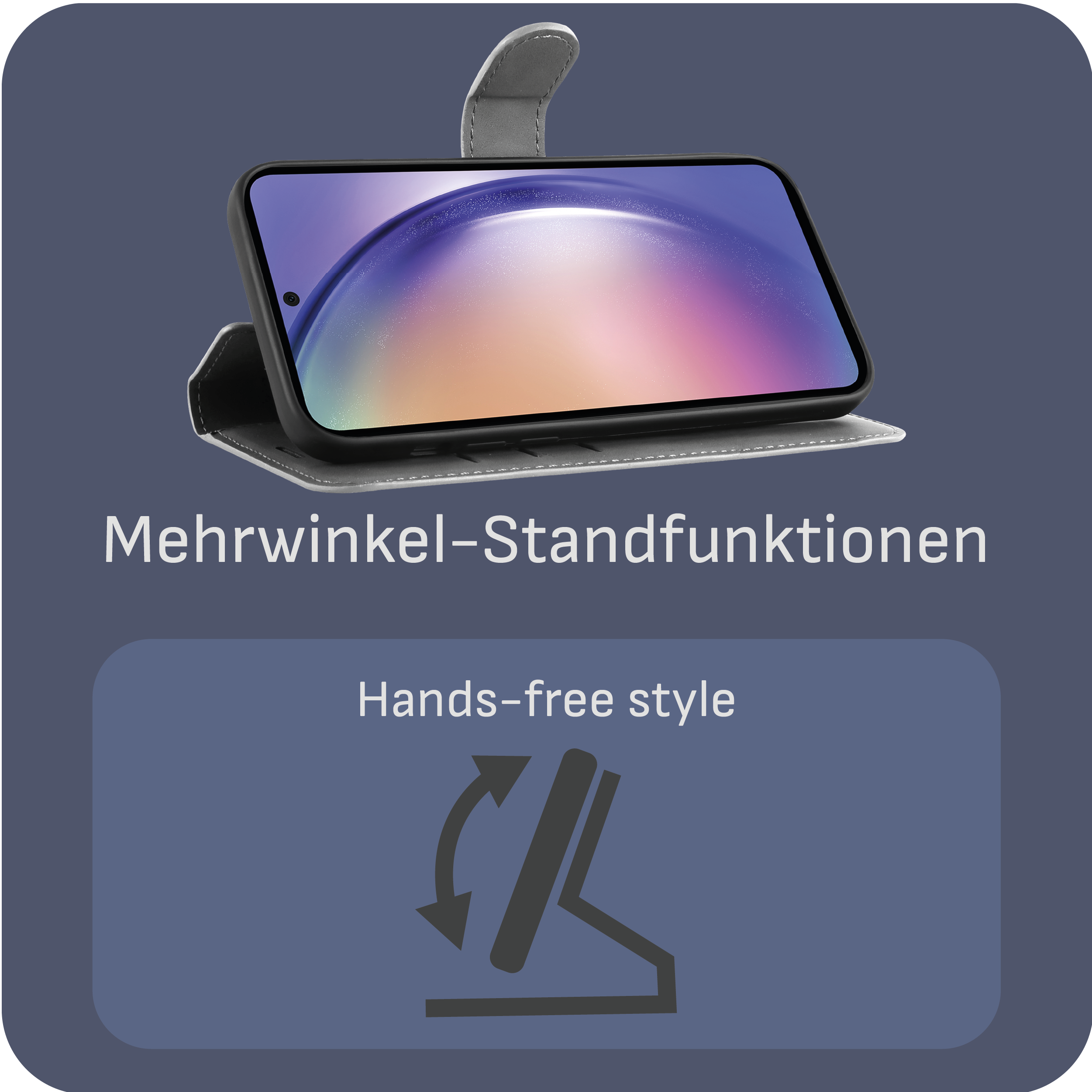 Ein Smartphone in einer Hülle, freihändig gezeigt. Die Hülle hat einen Klappständer mit einem Pfeilzeichen.