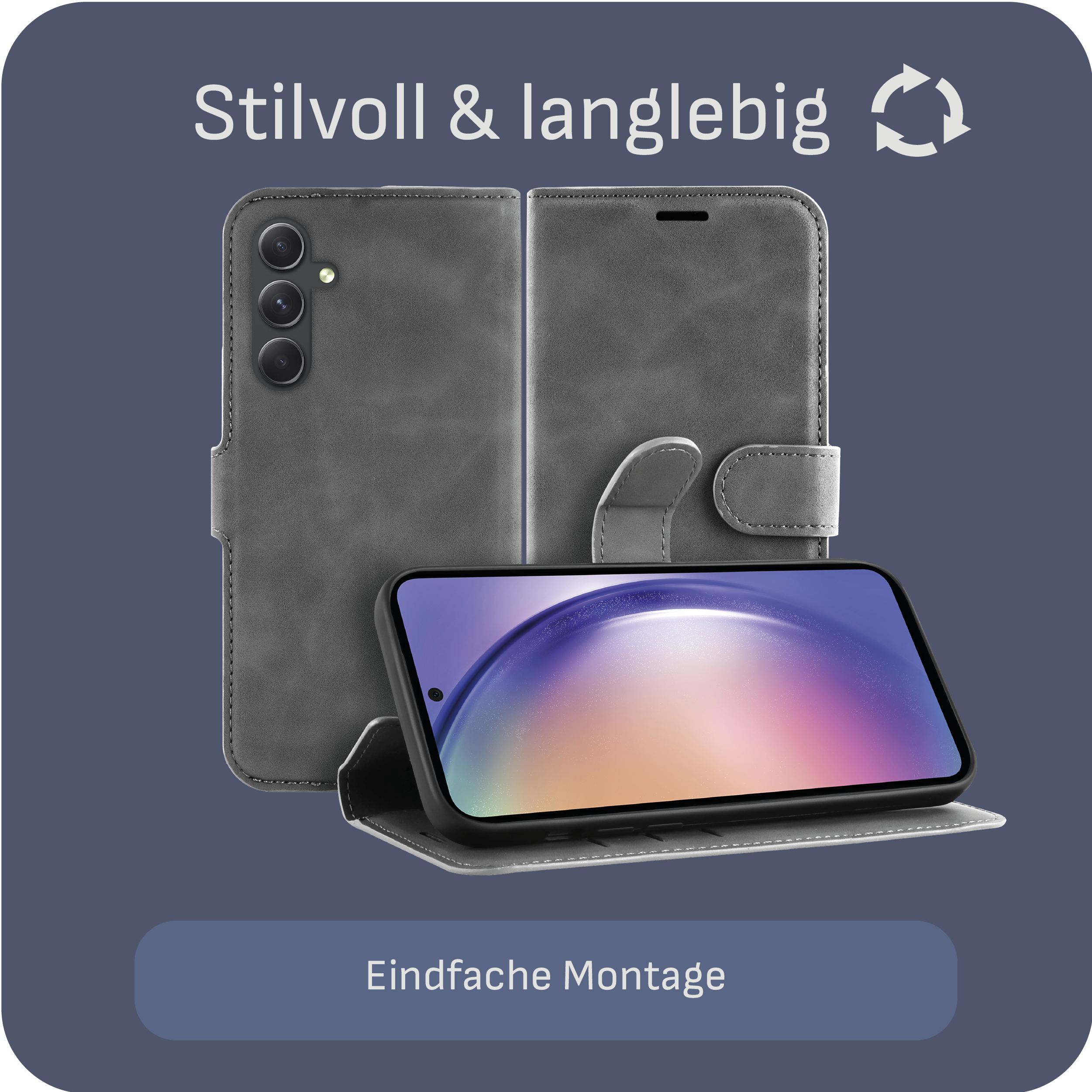 Eine Handyhülle. Das Telefon hat einen Bildschirm auf der Vorderseite und ist offen. Graues Gehäuse mit dunkelblauem Hintergrund.