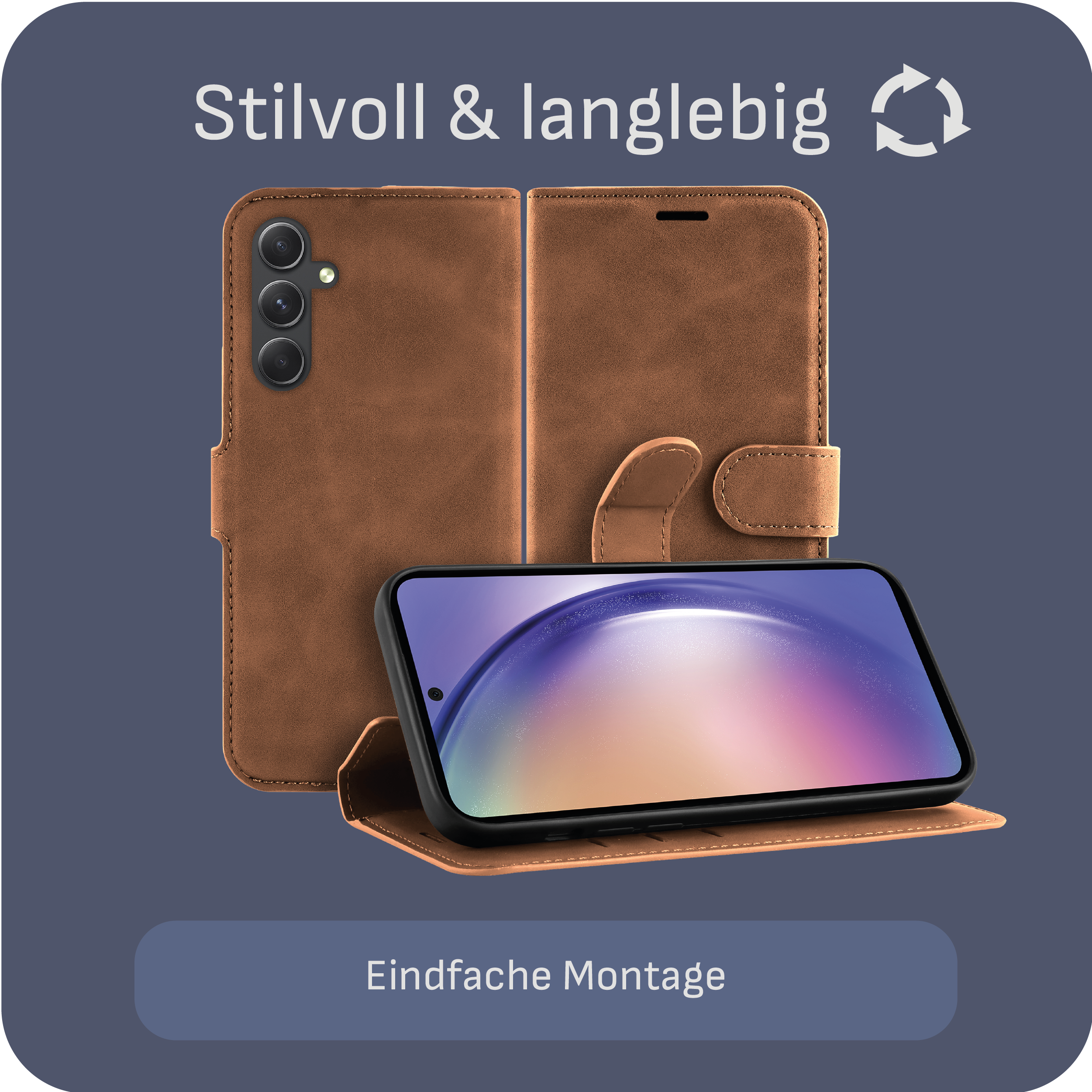 Braune Leder-Handyhülle, geöffnet, mit Telefon. Text: 'Stilvoll & langlebig' und 'Einfache Montage'.