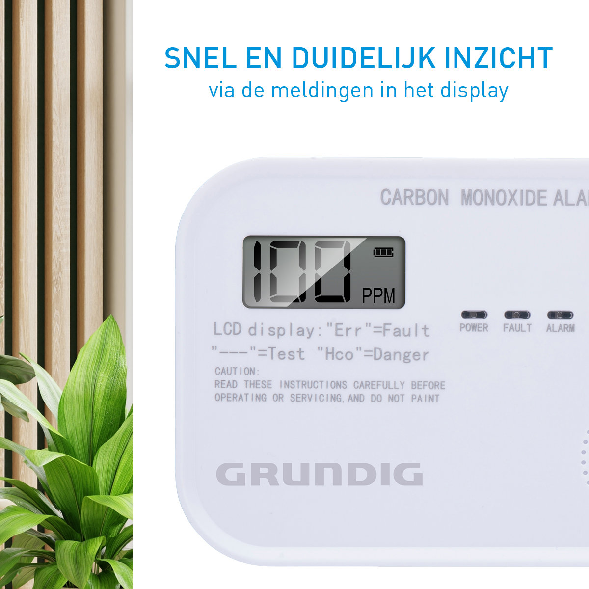 Kohlenmonoxid-Alarm mit LCD-Anzeige, die 100 PPM anzeigt. Text und grüne Pflanze.