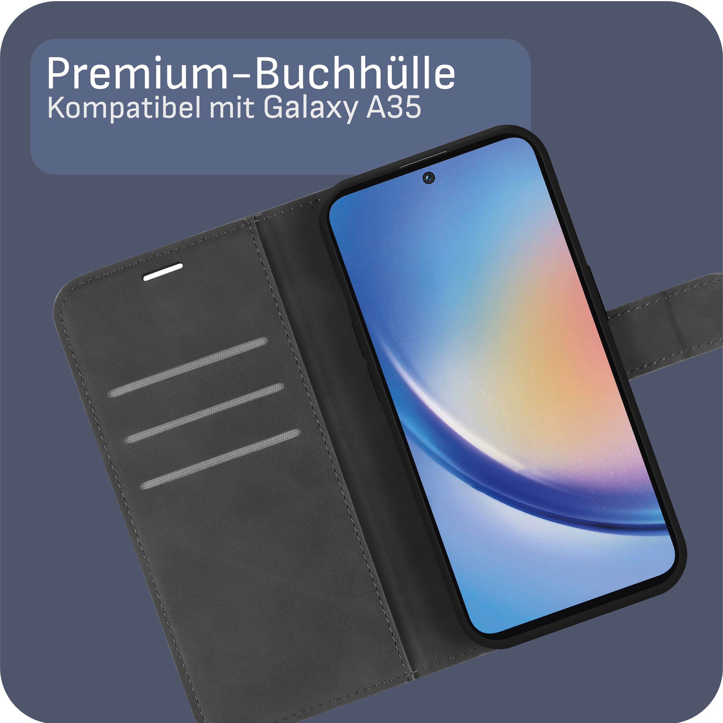 Ein Telefon in einer grauen Brieftasche liegt auf dunkler Oberfläche. Die Hülle ist offen.