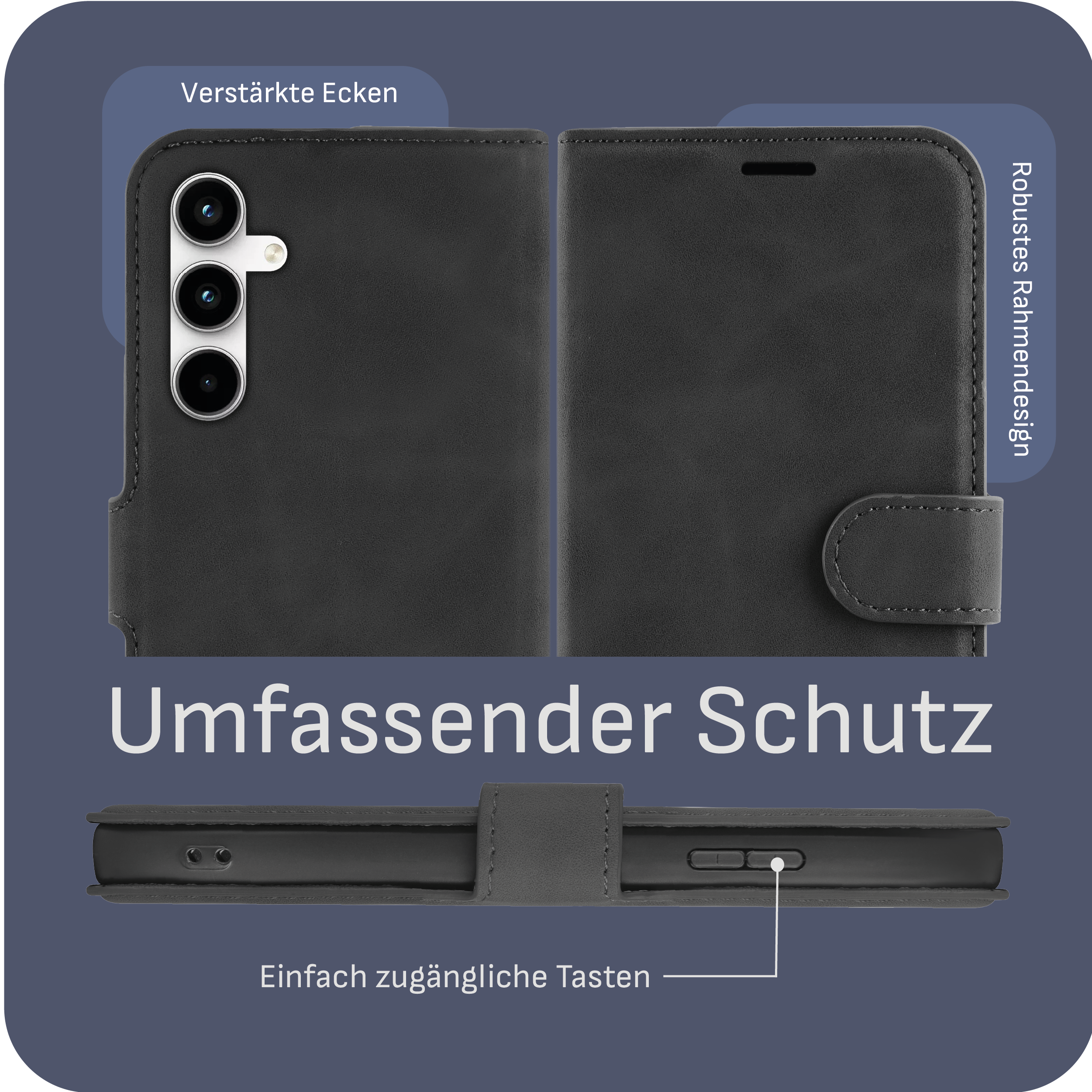 Schwarze Handyhülle, geöffnet, mit dem Telefon darin. Text auf der Hülle und Design.