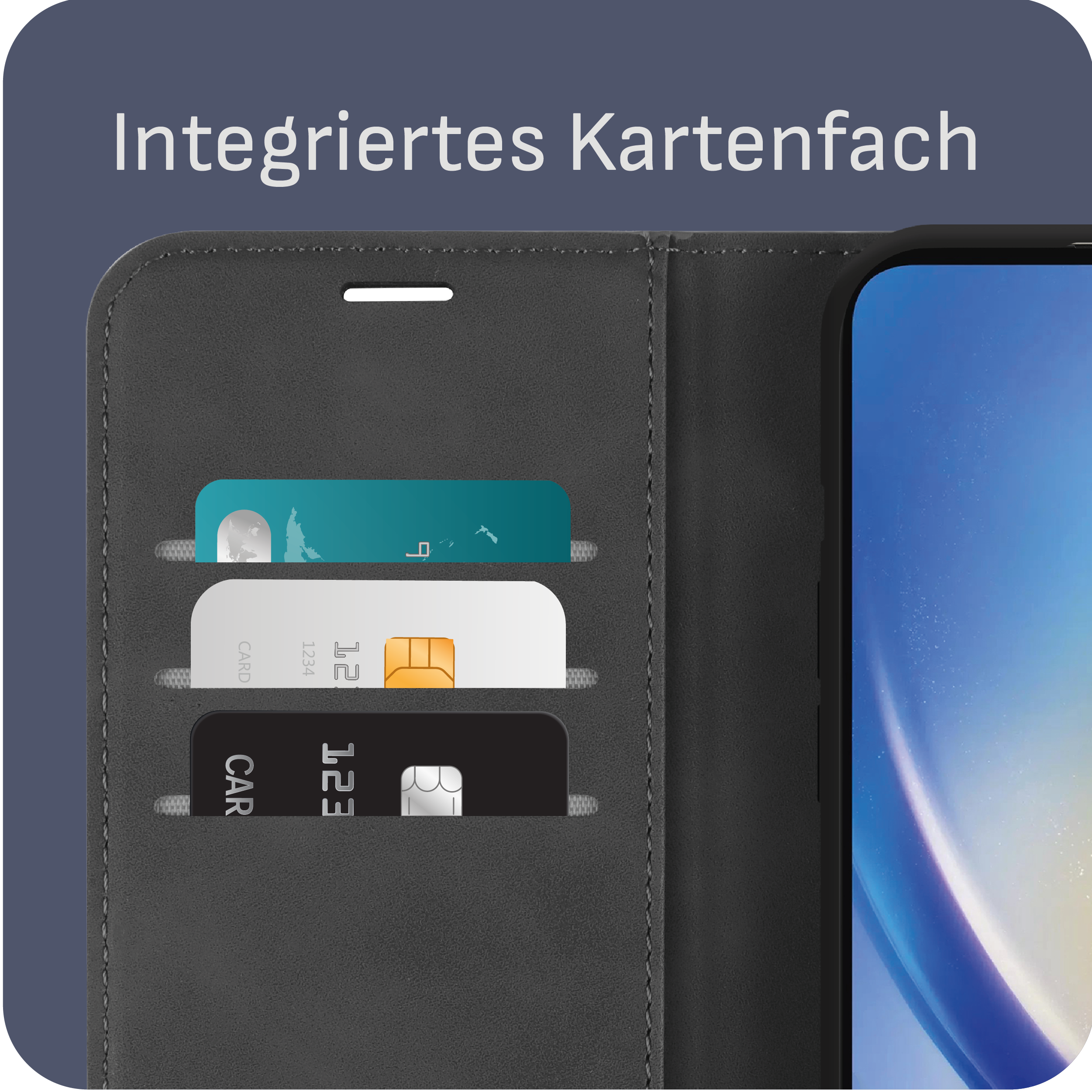 Handyhülle mit Kartenfächern, die drei Karten hält.