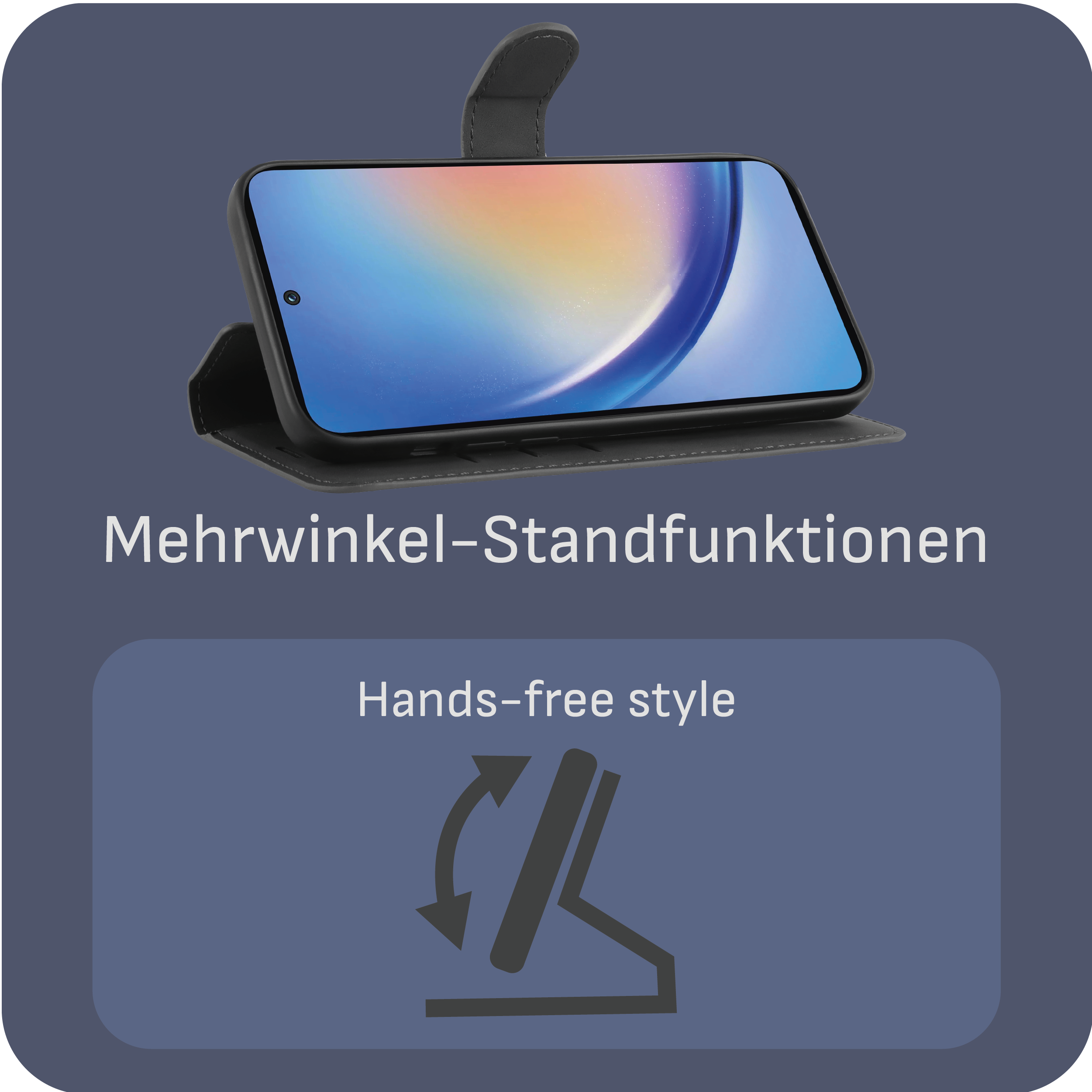 Ein schwarzes Telefon in einer Hülle auf grauem Hintergrund. Text: 'Hands-free style'.