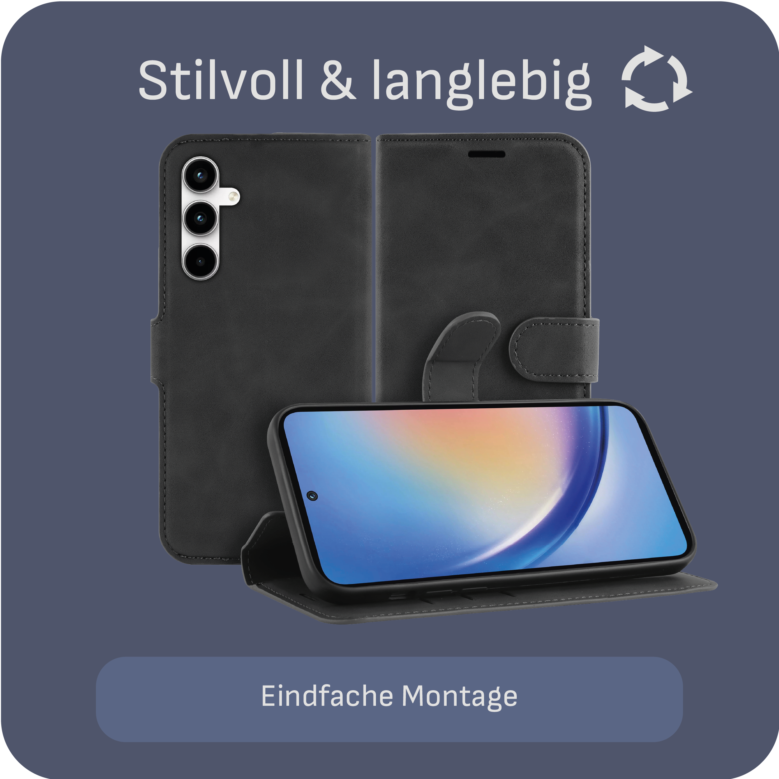 Geöffnete Handyhülle mit Telefon darin. Zeigt den Telefonbildschirm. Text: Stilvoll & langlebig, Einfache Montage.