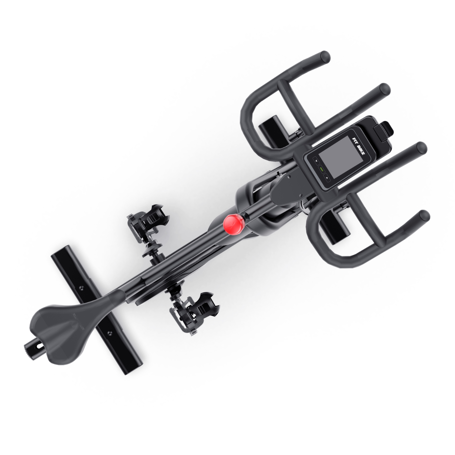 Vélo d'appartement vu d'en haut. Noir et gris avec un bouton rouge. Fond blanc.