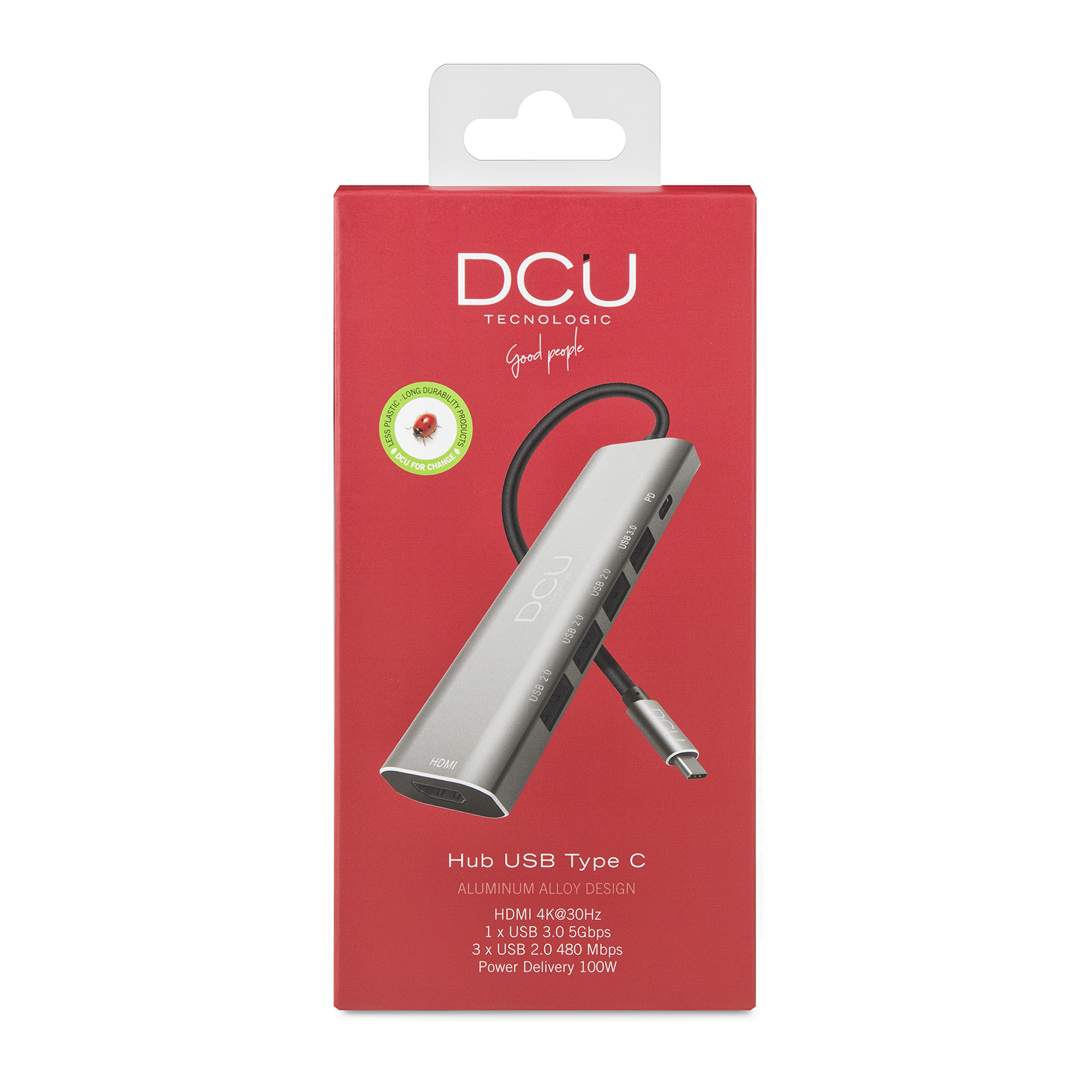 Una caja roja con un concentrador USB y texto. Marca: DCU. Diseño de aleación de aluminio. Hub USB Tipo C.