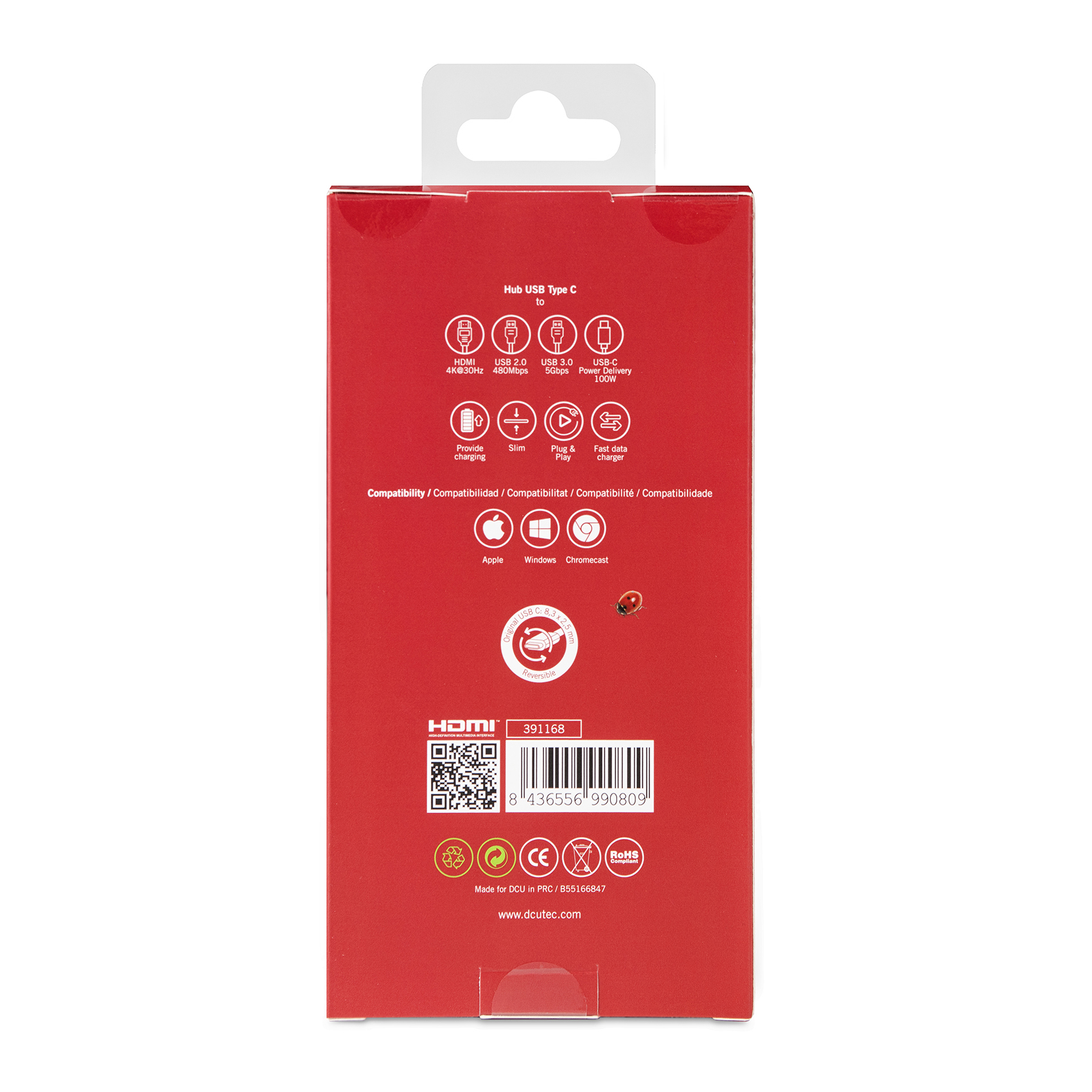 Una caja roja con una pestaña blanca para colgar. Muestra texto e iconos relacionados con un concentrador USB Tipo C.
