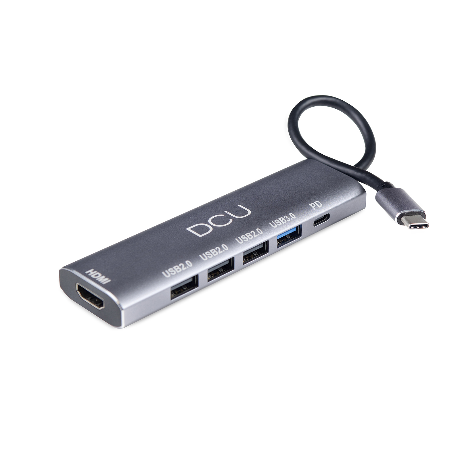 Concentrador USB gris con múltiples puertos y cable conectado. Fondo blanco.
