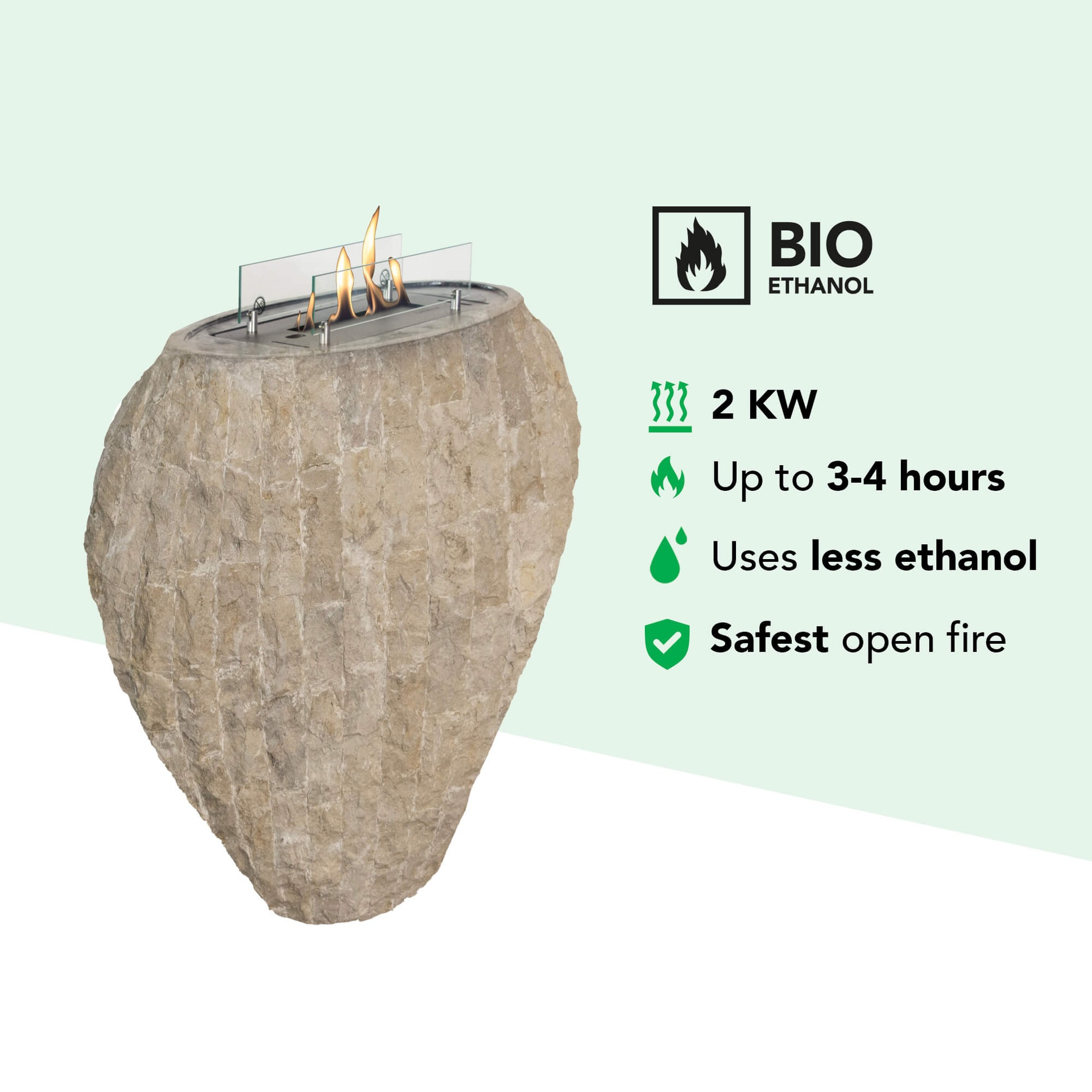 Stenen bio-ethanol haard met vlammen. Info-iconen: 2KW, 3-4 uur, minder ethanol, veiligste open vuur.