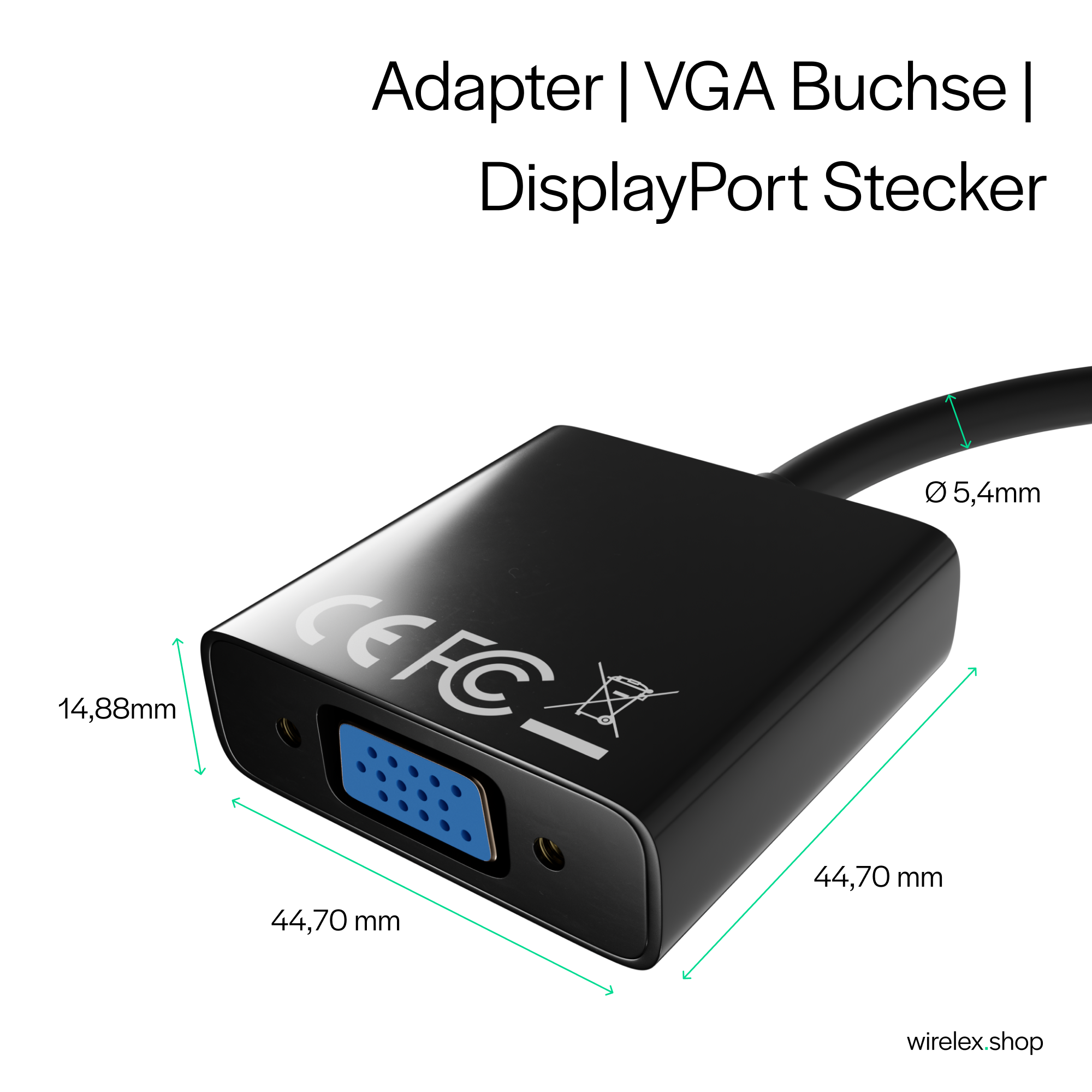 Ein schwarzer Adapter mit VGA-Anschluss und DisplayPort-Anschluss, mit Abmessungen.