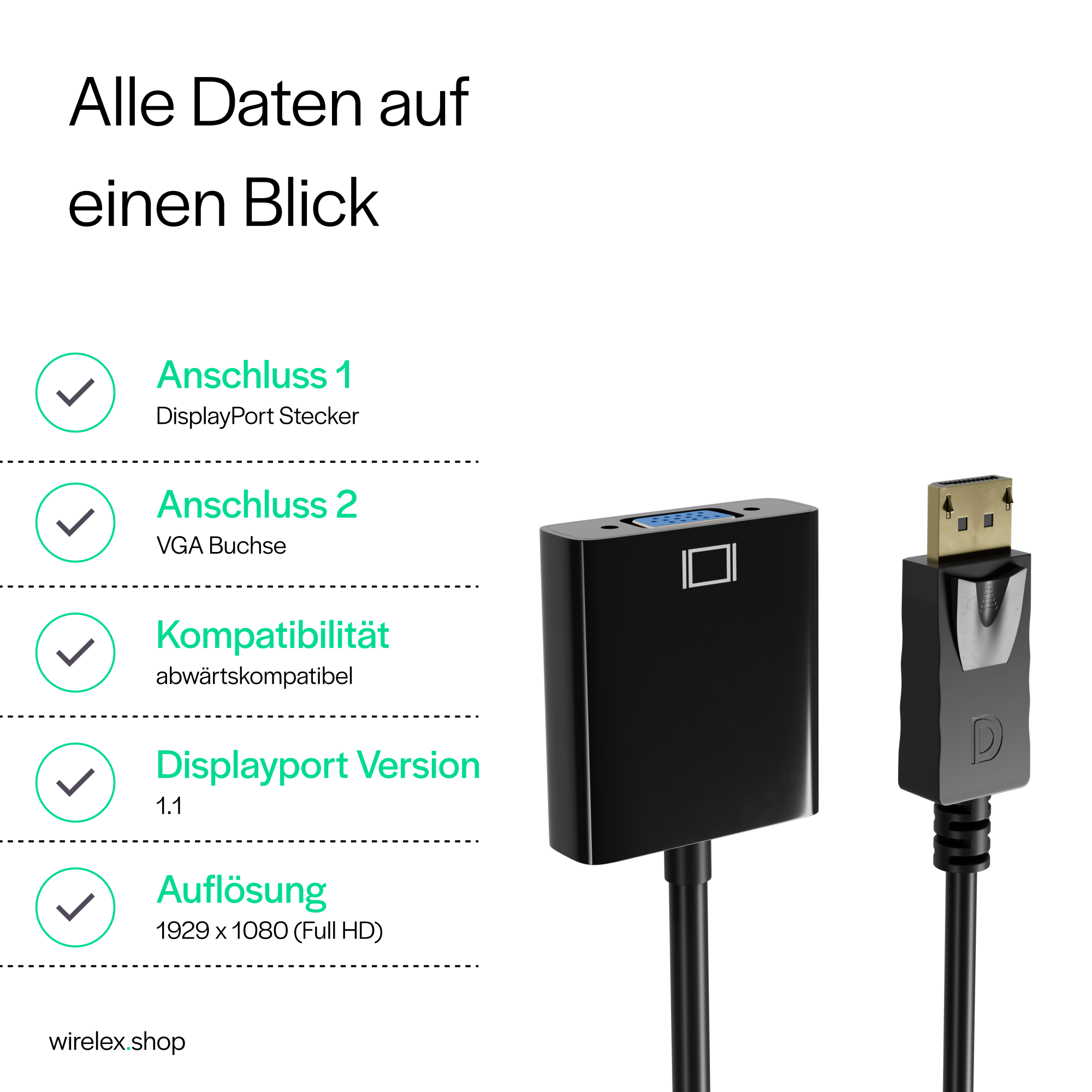 Ein schwarzer Adapter mit Text über Anschlüsse und Auflösung.